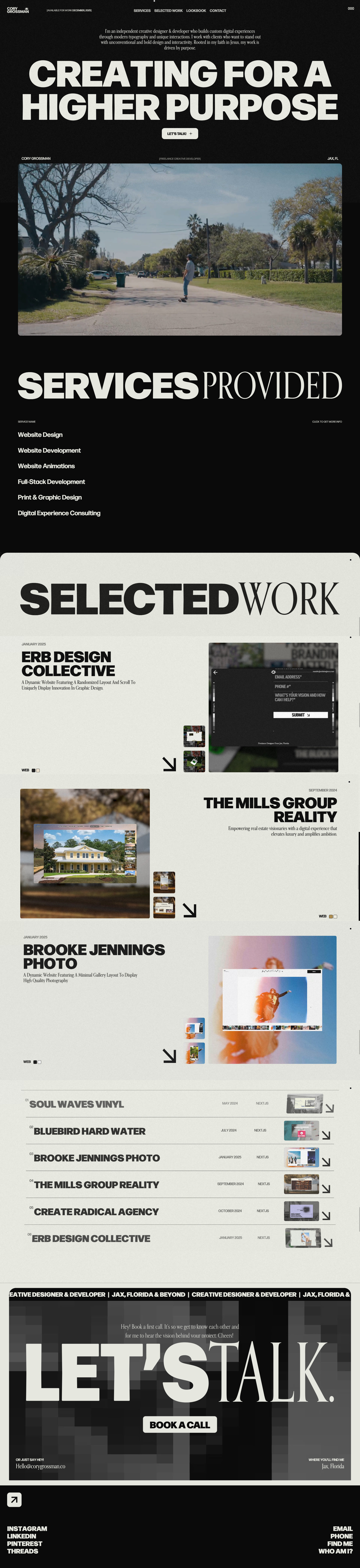 Cory Grossman Landing Page Example: I’m an independent creative designer & developer who builds custom digital experiences through modern typography and unique interactions. I work with clients who want to stand out with unconventional and bold design and interactivity. Rooted in my faith in Jesus, my work is driven by purpose.