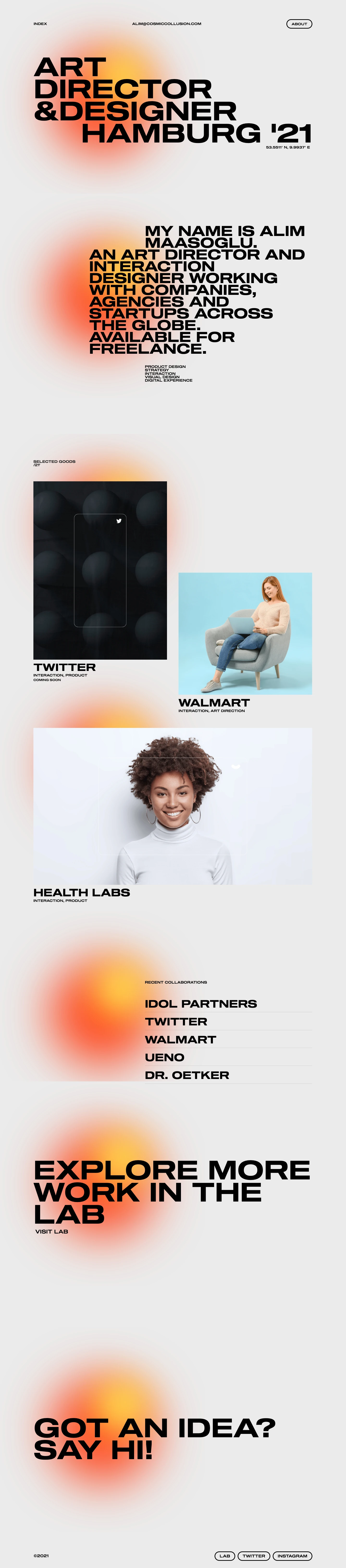 Cosmic Collusion Landing Page Example: My name is Alim Maasoglu - An art director and interaction designer working with companies, agencies and startups across the globe.