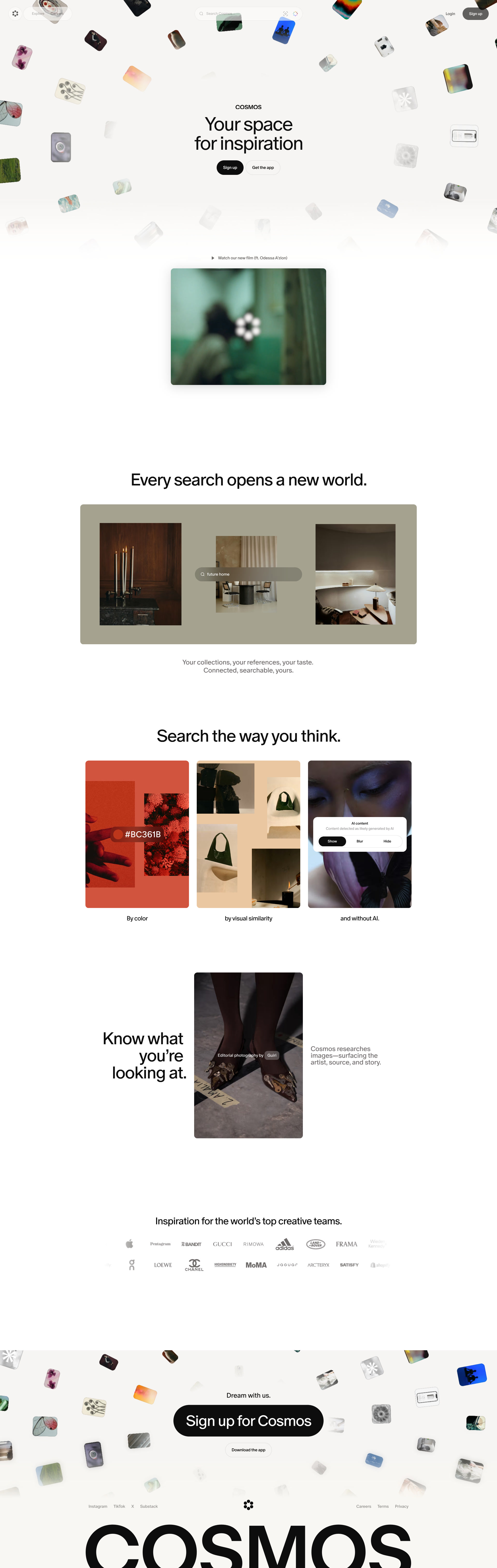 Cosmos Landing Page Example: Your space for inspiration. Cosmos researches images — surfacing the artist, source, and story.