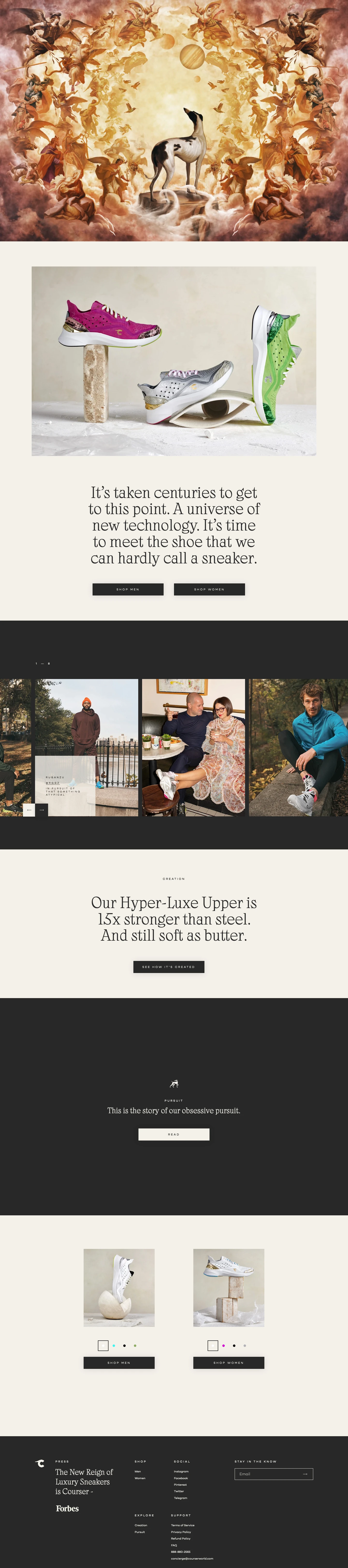Courser Landing Page Example: We've created the world's first shoe that combines luxury and performance. Italian-made sneakers that allow you to take pleasure in performance. We've taken aerospace technology and fused it fine artistic craftsmanship. Come meet the shoe that can hardly be called a sneaker.