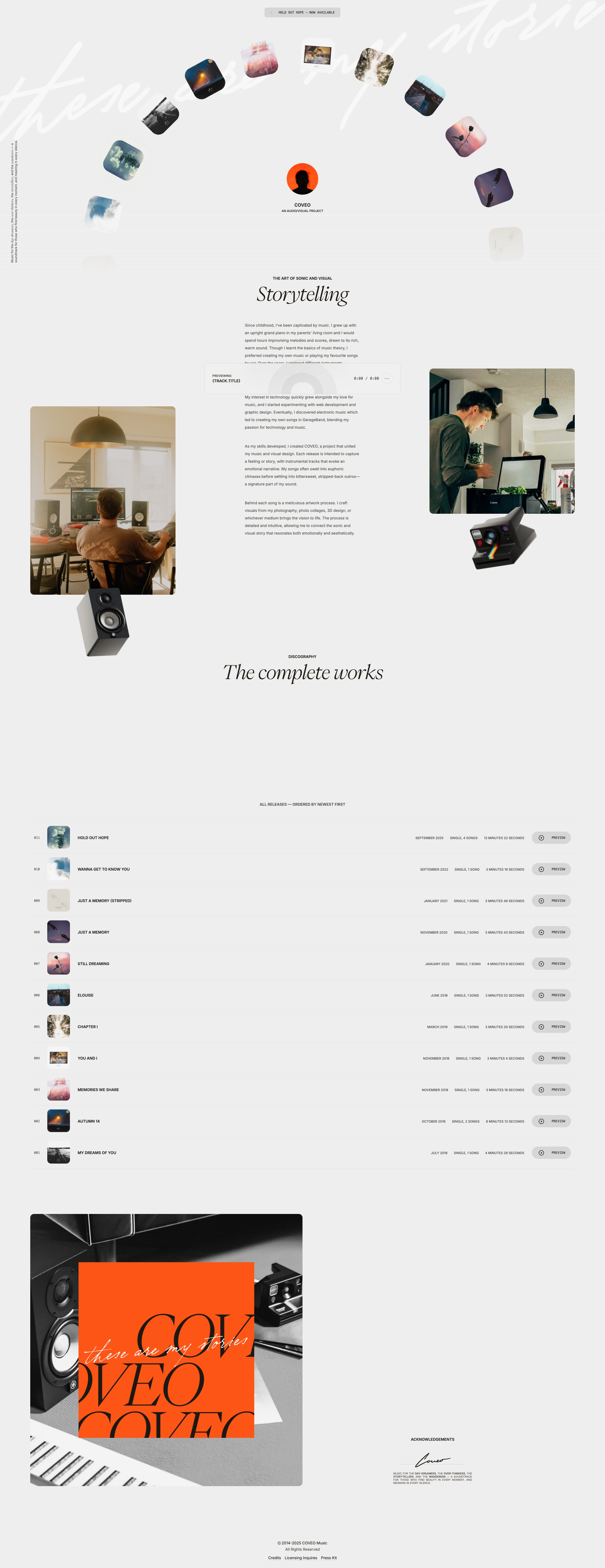 COVEO Landing Page Example: Music for the day-dreamers, the over-thinkers, the storytellers,  and the wanderers — a soundtrack for those who find beauty in every moment, and meaning in every silence.