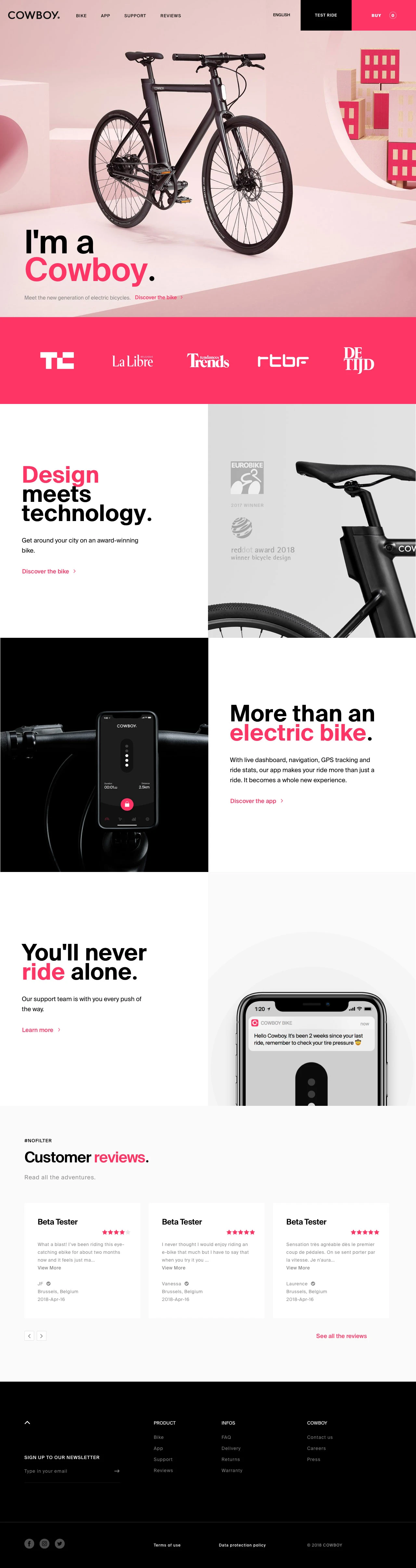 Cowboy Landing Page Example: With electric bikes traditionally viewed as expensive, cumbersome and poorly designed, Brussels-based Cowboy is reinventing the category by blending design elegance with affordability and technology that connects owners to their bikes through a mobile app, featuring a secure key, live stats, and GPS tracking.