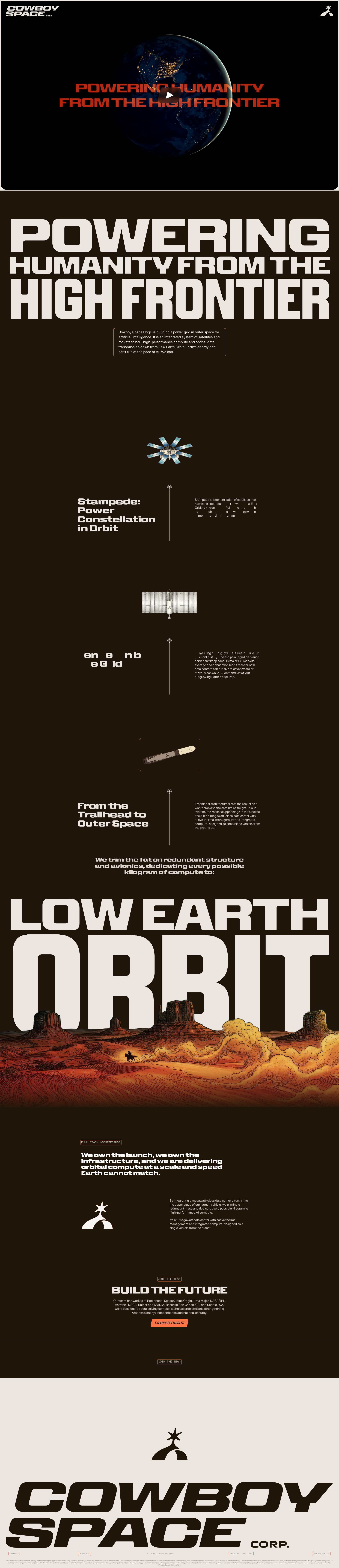 Cowboy Space Landing Page Example: Earth's energy grid can't run at the pace of AI. We are building a space-based power grid with solar-powered GPU data centers in Low Earth Orbit.