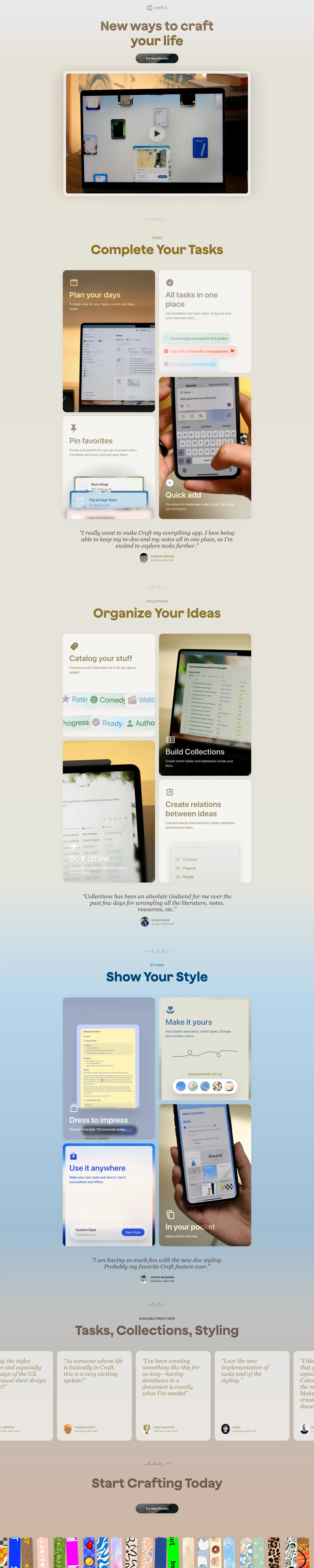 Craft 3 Landing Page Example: Everything you create, plan, and schedule, perfectly organized your way.