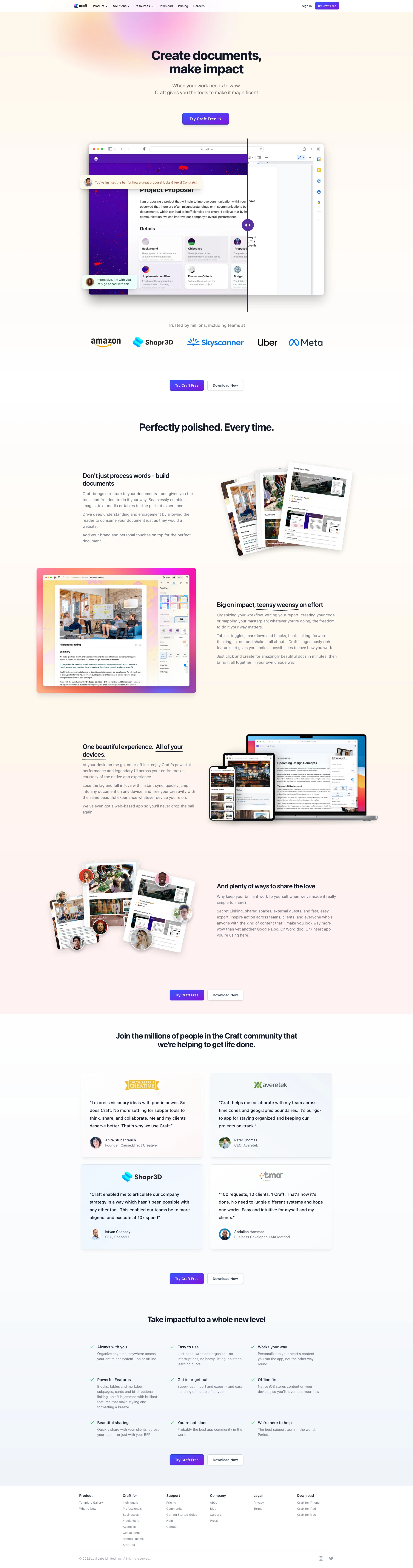 Craft Landing Page Example: Create documents, which will make an impact. Try Craft for free both for personal and business/teams use cases.
