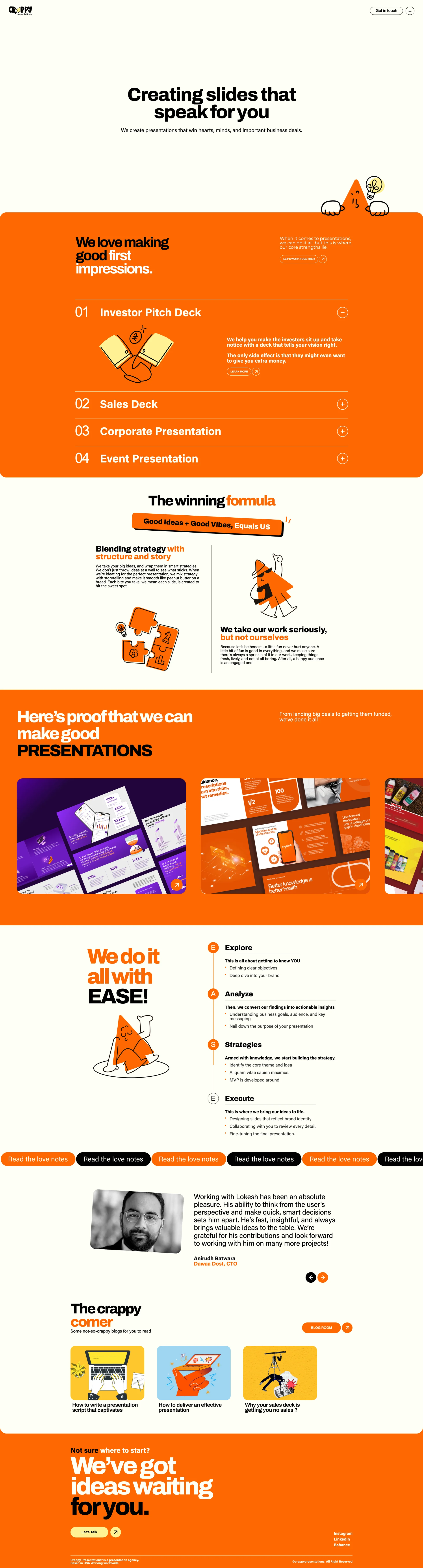  Crappy Presentation Landing Page Example: Creating slides that speak for you. We create presentations that win hearts, minds, and important business deals.