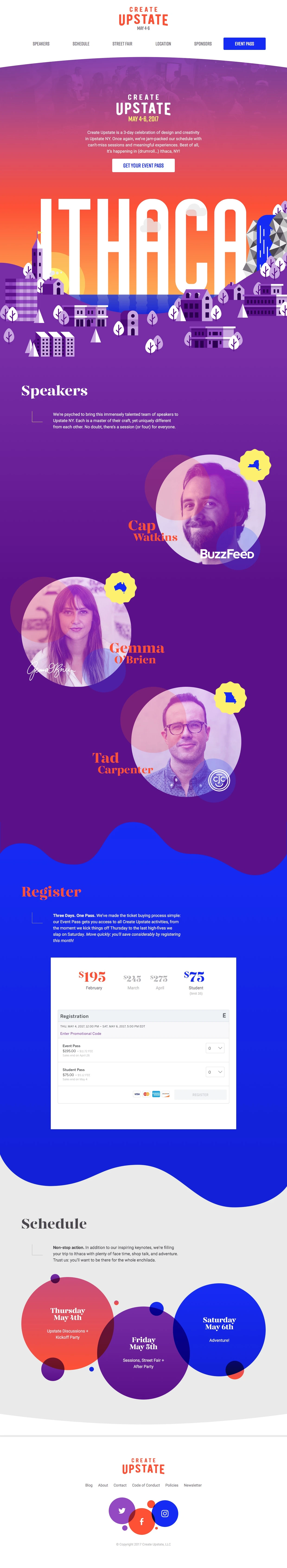 Create Upstate Landing Page Example: Create Upstate is a 3-day conference, celebrating design and creativity in Upstate NY.