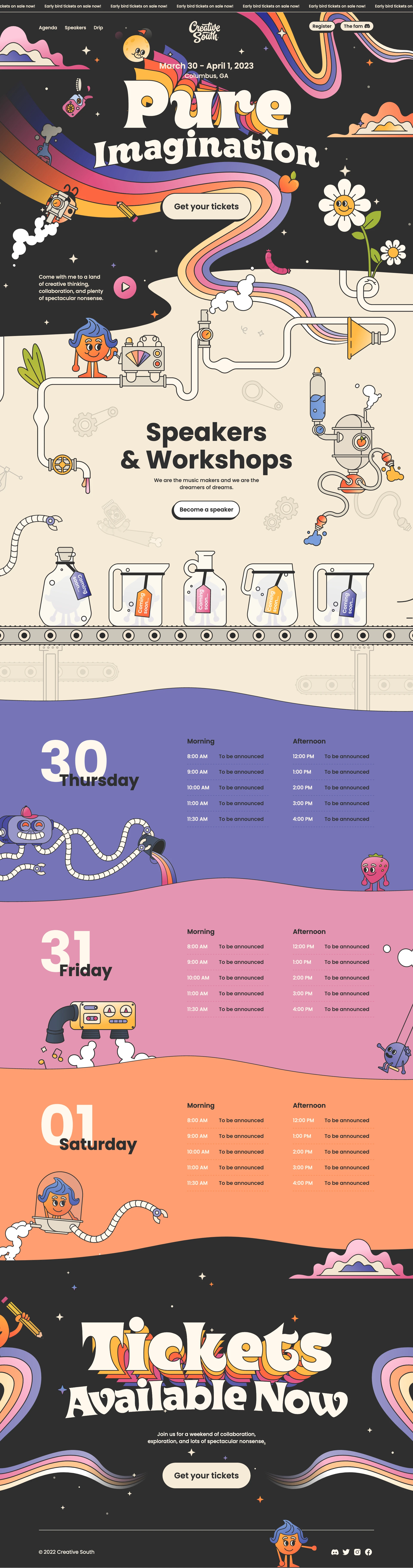 Creative South '23 Landing Page Example: Join us from March 30th thru April 1st - Creative thinking, collaboration, and plenty of spectacular nonsense. This year’s family of dreamers awaits you at Creative South.