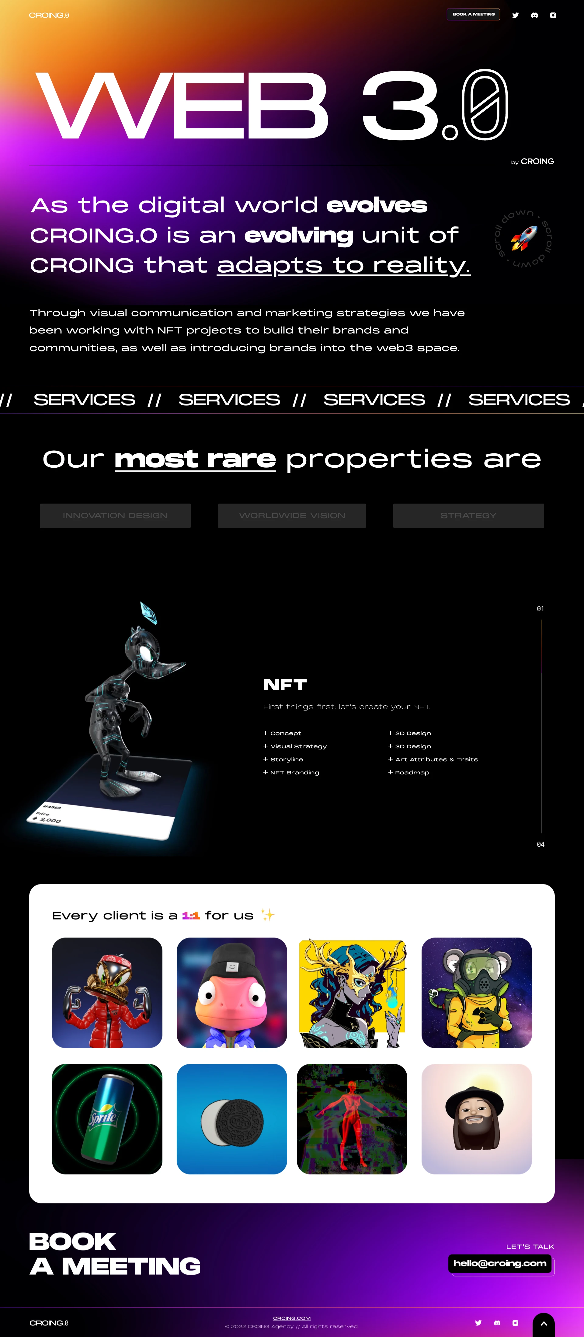 CROING.0 Landing Page Example: We make communication and marketing strategies for NFT projects, bulding brands and communities, as well as introducing these brands into the web3 space.