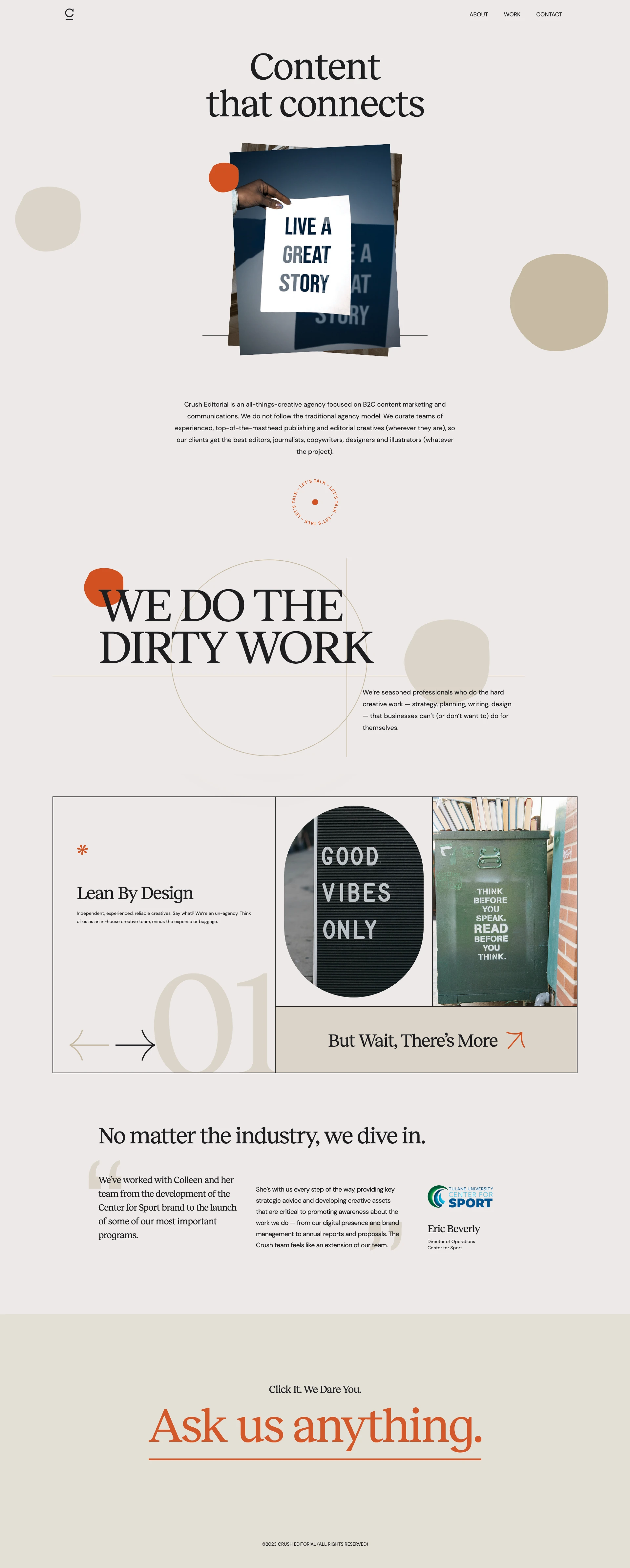 Crush Editorial Landing Page Example: Crush Editorial is an all-things-creative agency focused on B2C content marketing and communications. We do not follow the traditional agency model. We curate teams of experienced, top-of-the-masthead publishing and editorial creatives (wherever they are), so our clients get the best editors, journalists, copywriters, designers and illustrators (whatever the project).