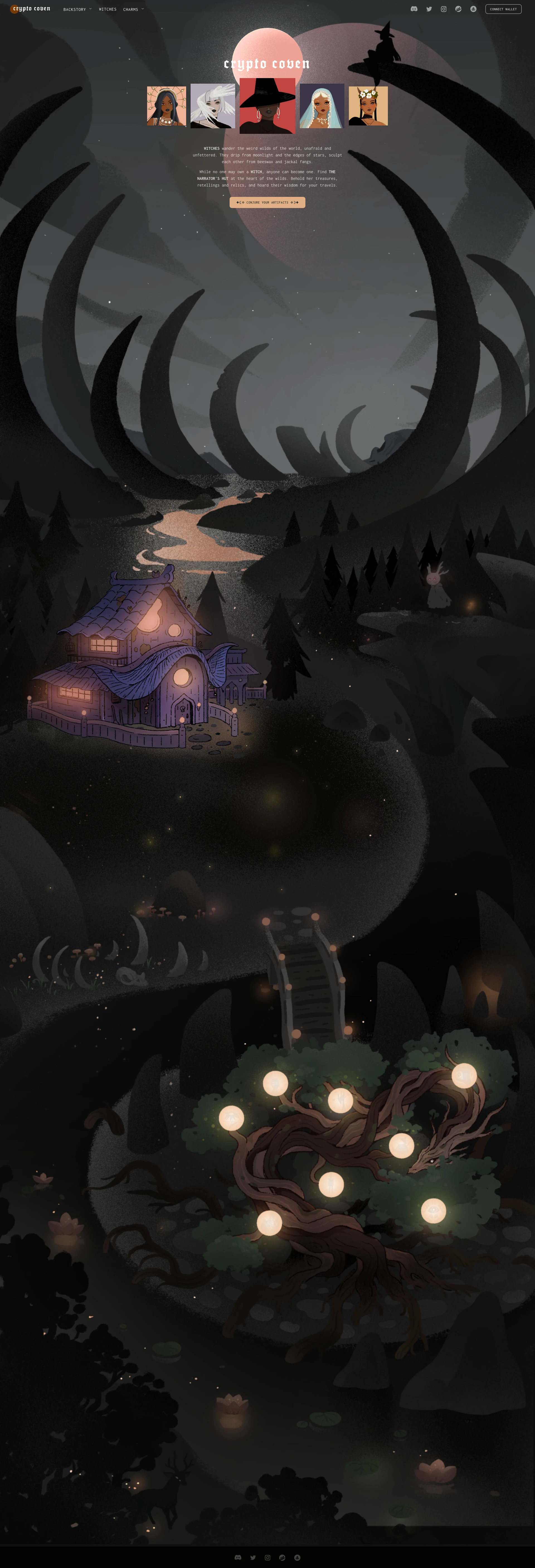 crypto coven Landing Page Example: WITCHES wander the weird wilds of the world, unafraid and unfettered. while no one may own a WITCH, anyone can become one. will you?