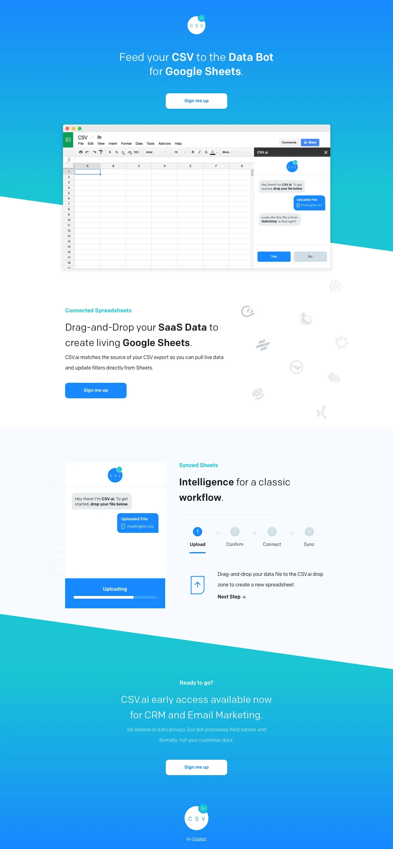 CSV.ai Landing Page Example: Feed your CSV to the Data Bot for Google Sheets.
