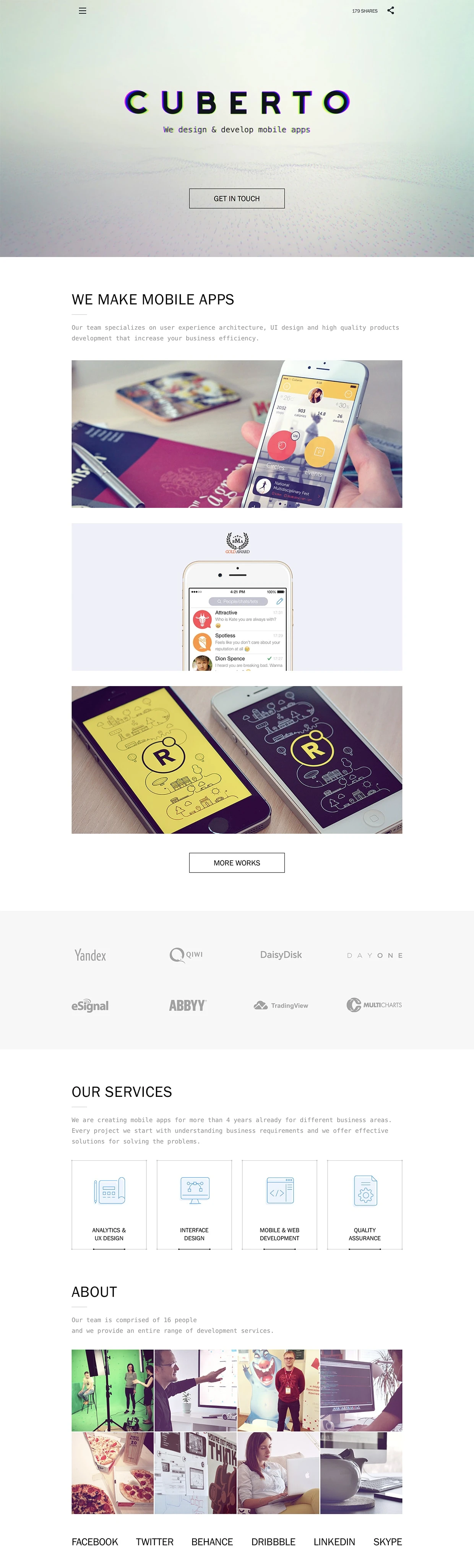 Cuberto Landing Page Example: Cuberto company specialise on UI/UX researching, design and development for mobile and desktop platforms.