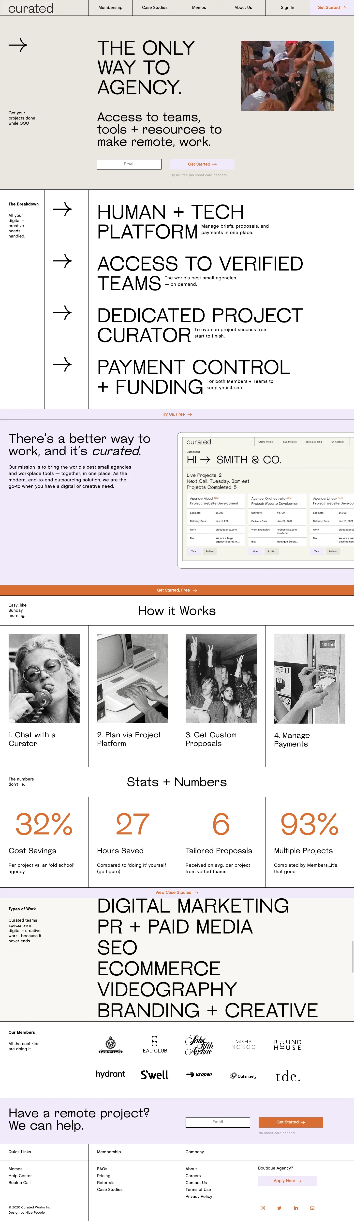 Curated Landing Page Example: Outsource to the world's best digital and creative agencies. Create briefs, receive proposals, and manage project payments — in one place.