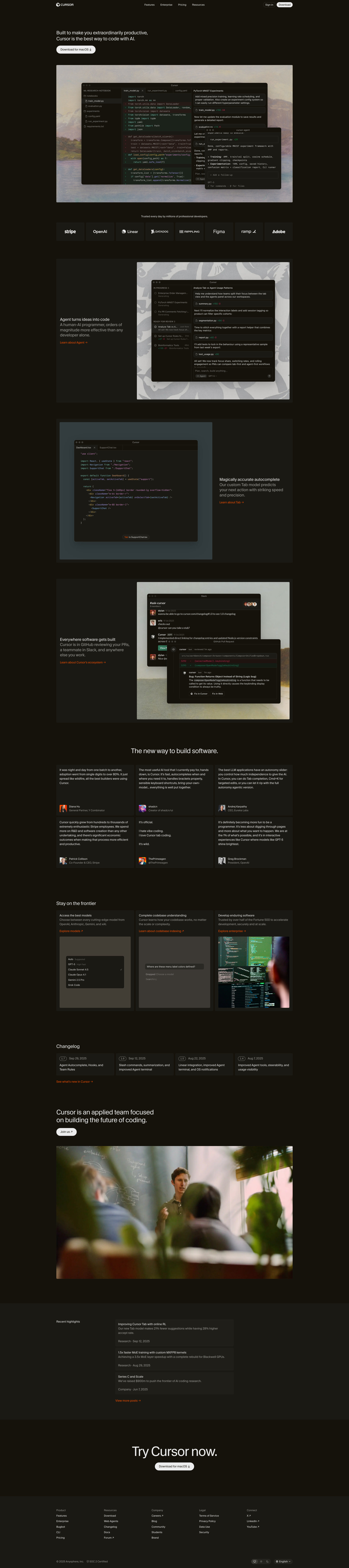 Cursor Landing Page Example: Built to make you extraordinarily productive, Cursor is the best way to code with AI.