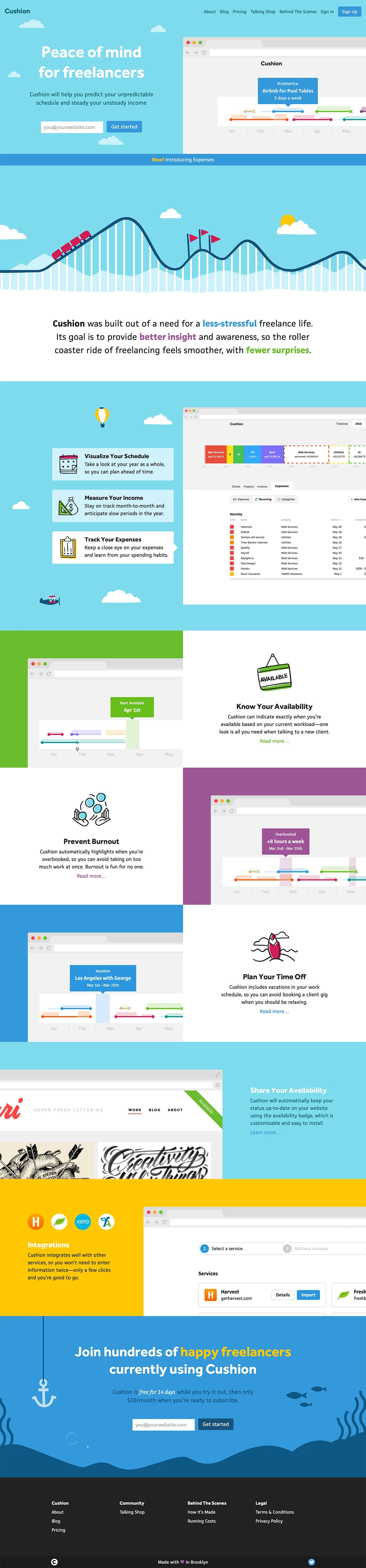 Cushion Landing Page Example: Simple project scheduling, budgeting, and invoice tracking