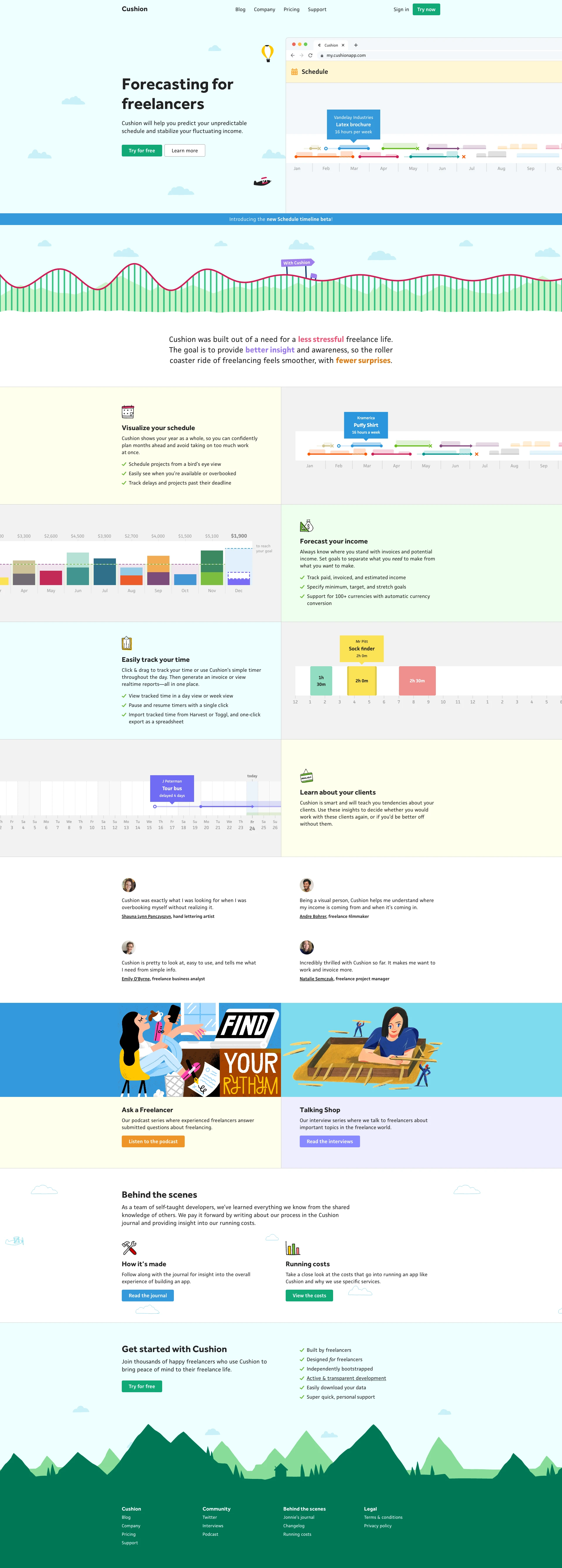 Cushion Landing Page Example: Forecasting for freelancers. Cushion will help you predict your unpredictable schedule and stabilize your fluctuating income.