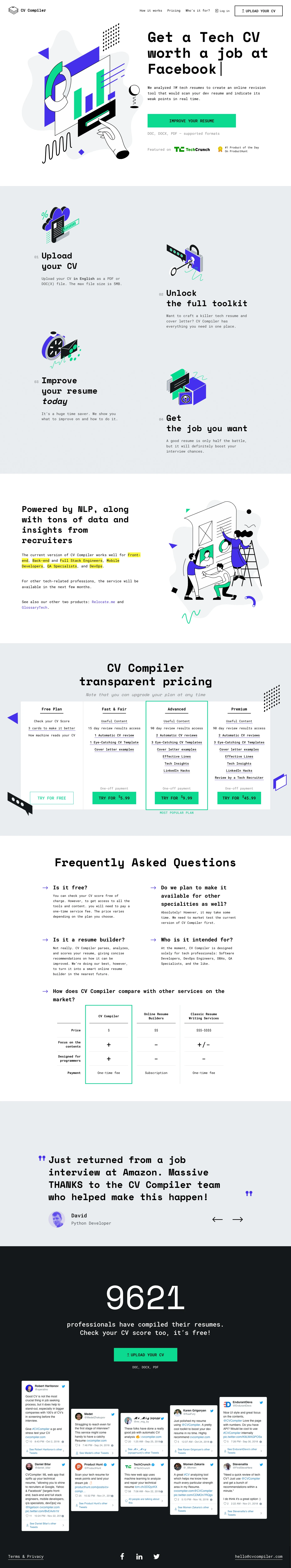 CV Compiler Landing Page Example: Want more interviews? The fast and easy way to revamp your resume and get noticed is to use CV Compiler.