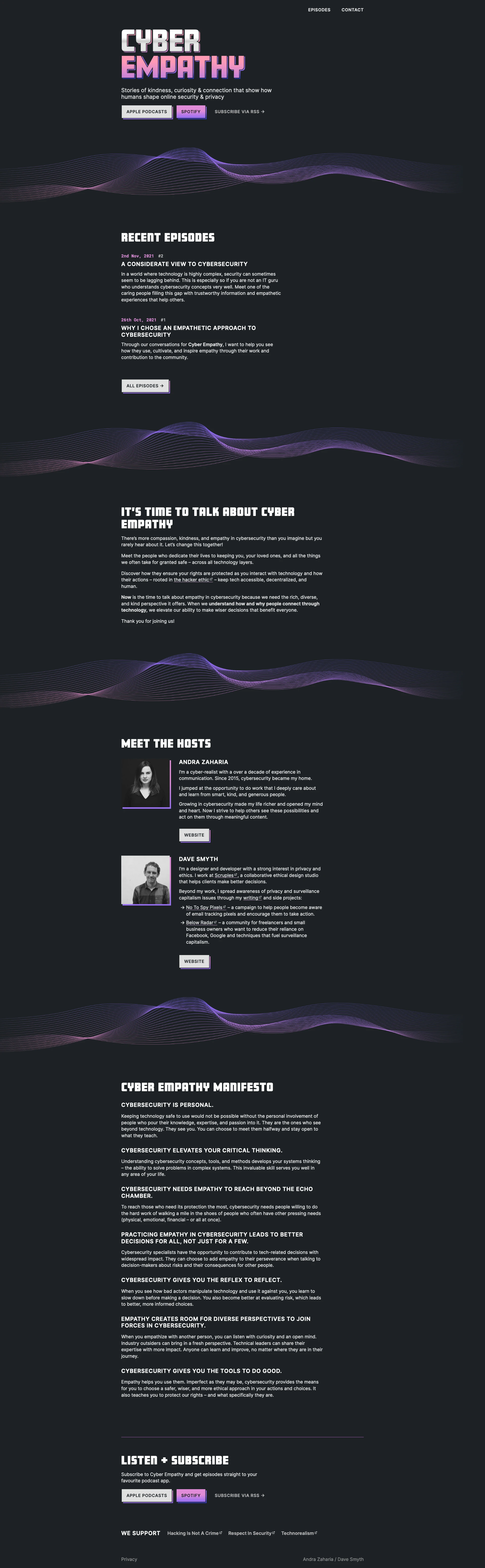 Cyber Empathy Podcast Landing Page Example: Stories of kindness, curiosity and connection that show how humans shape online security and privacy. Hosted by Andra Zaharia and Dave Smyth.