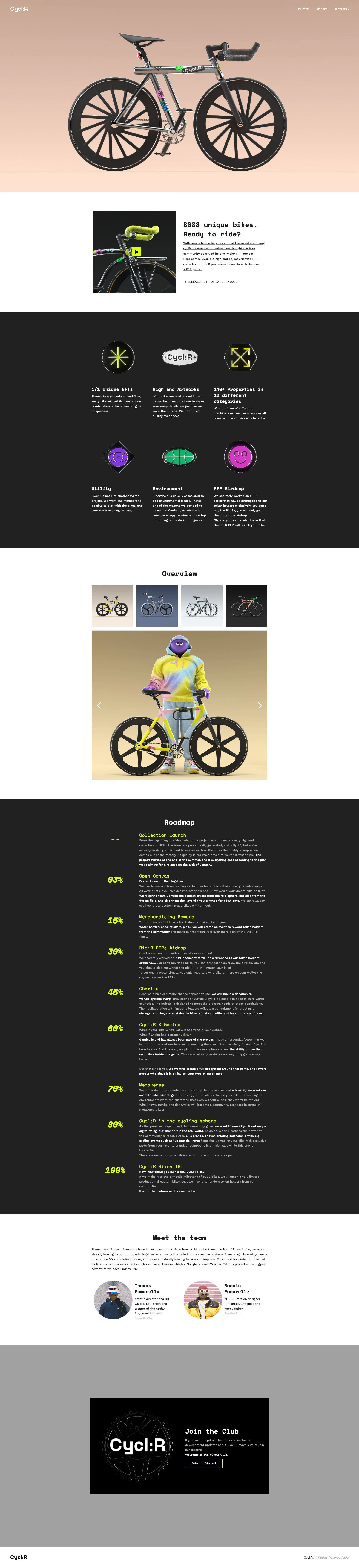 Cycl:R NFT bikes Landing Page Example: With over a billion bicycles around the world and being cyclist commuter ourselves, we thought the bike community deserved its own major NFT project. Here comes Cycl:R, a high end object oriented NFT collection of 8088 procedural bikes, later to be used in a P2E game.