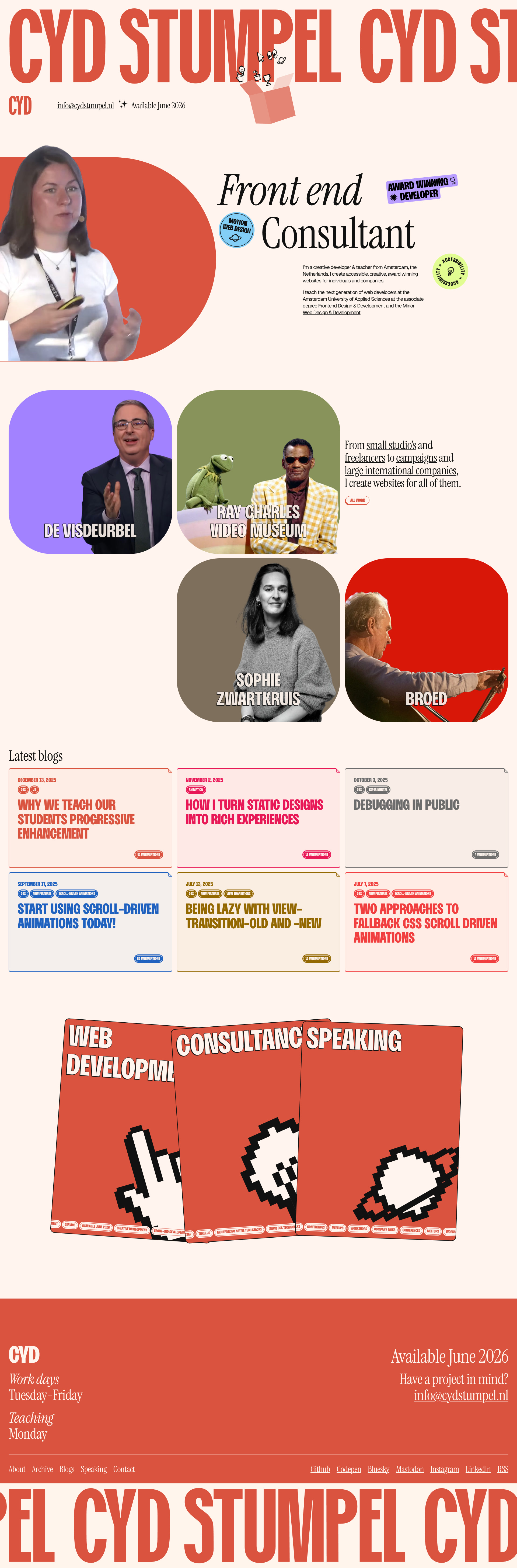 Cyd Stumpel Landing Page Example: I’m a creative developer & teacher from Amsterdam, the Netherlands. I create accessible, creative, award winning websites for individuals and companies.