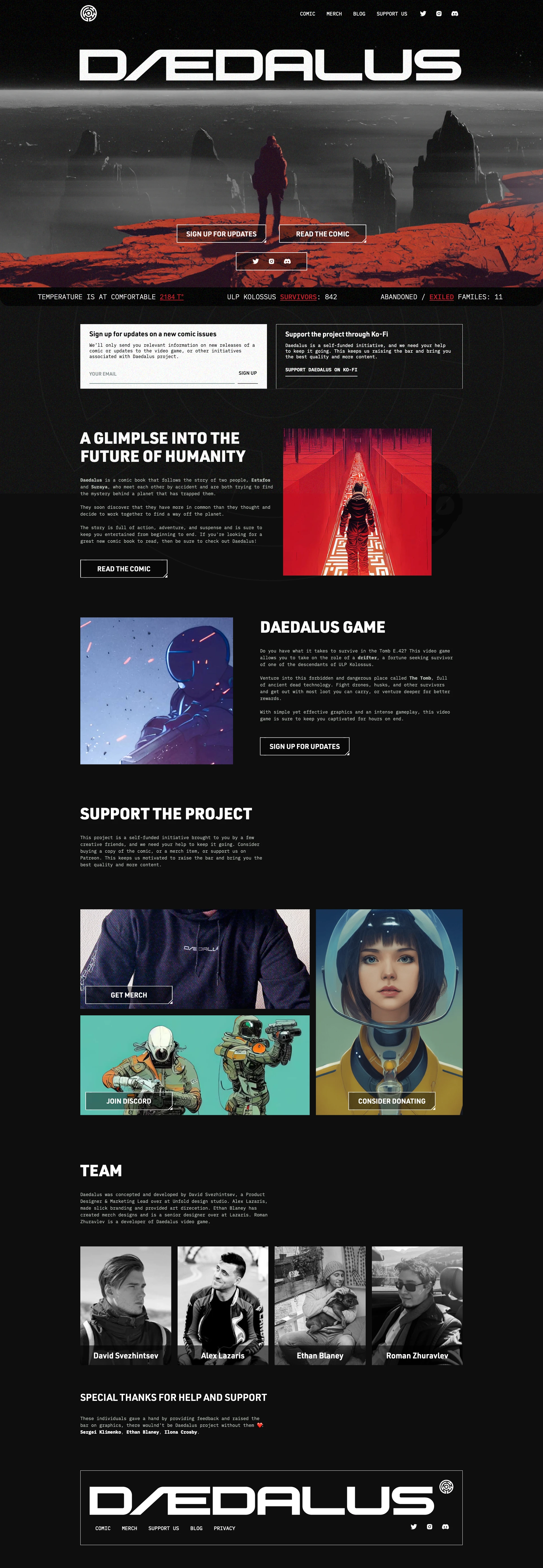 DAEDALUS Landing Page Example: Dive deep into the universe of Daedalus - a comic book that follows the story of two people, Estafos and Suraya, who meet each other by accident and are both trying to find the mystery behind a planet that has trapped them.