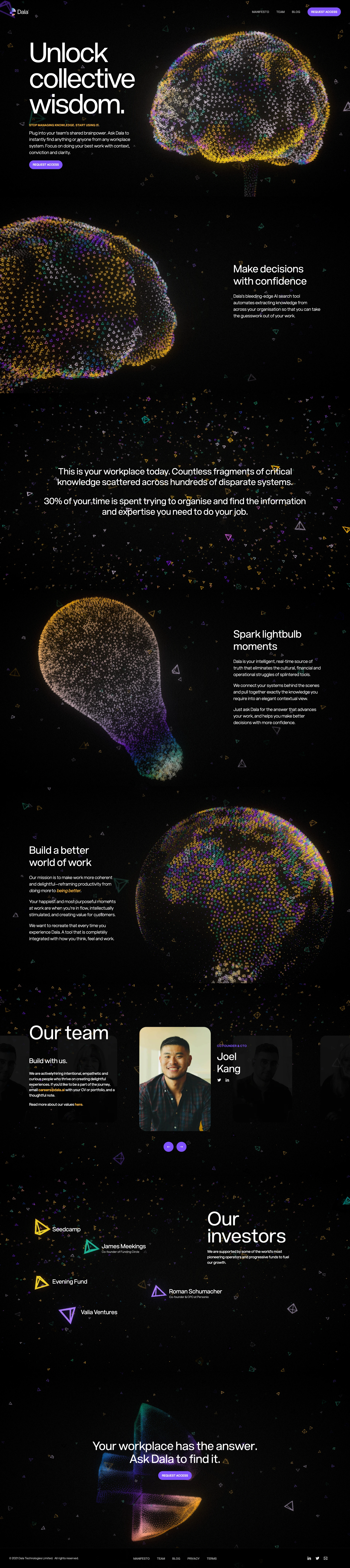 Dala Landing Page Example: Your workplace has the answer. Just ask Dala for it. The Dala logo above the headline \"Unlock collective wisdom\", sitting on top of a 3D brain composed of many small pyramidal particles.