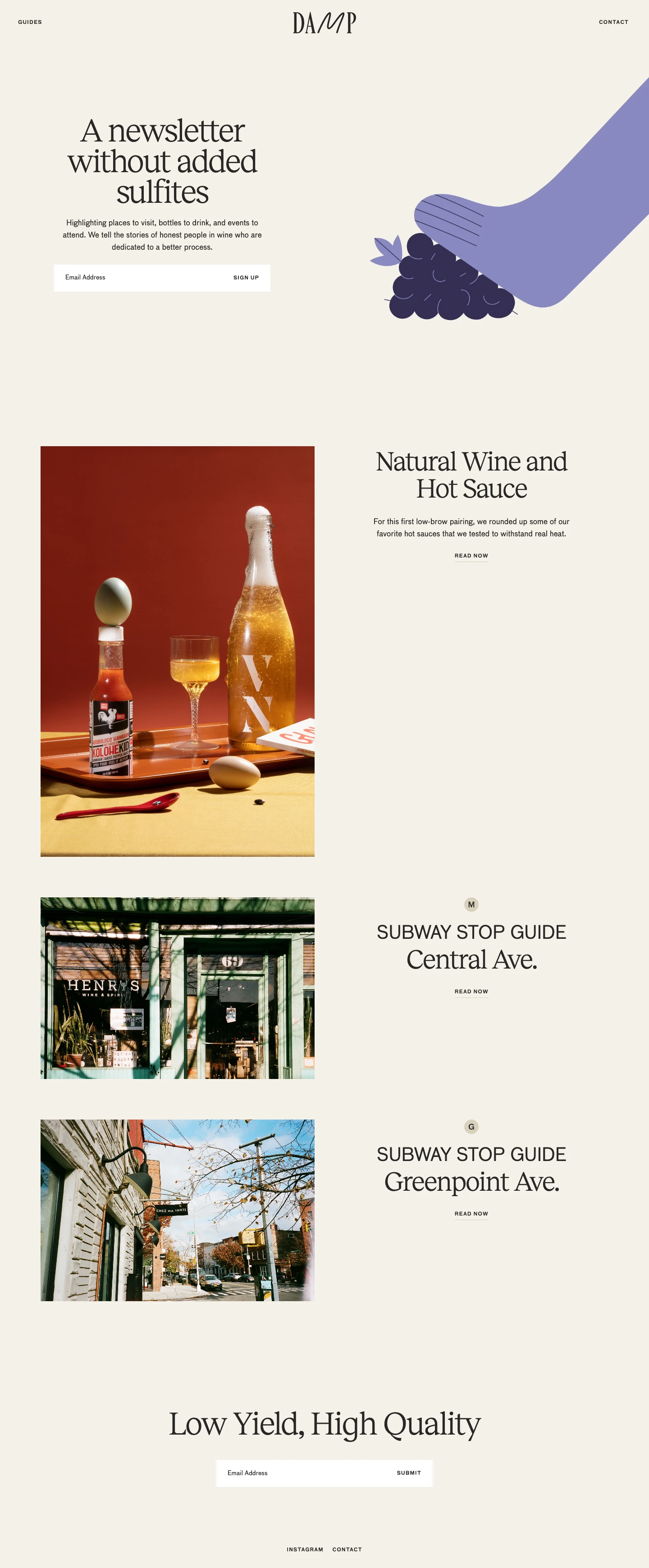DAMP Landing Page Example: Highlighting places to visit, bottles to drink, and events to attend. We tell the stories of good, honest people in natural wine who are dedicated to a better process.