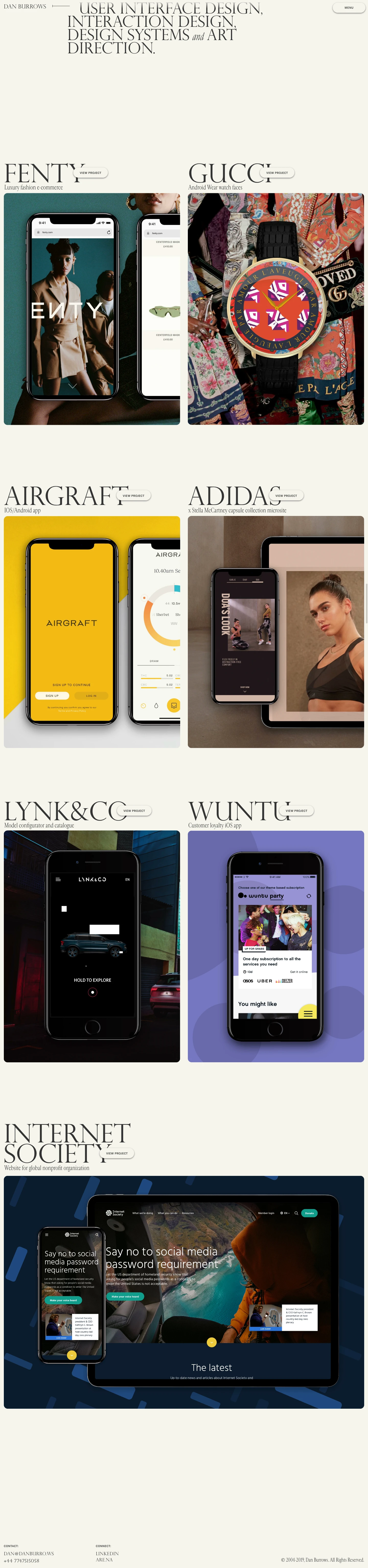 Dan Burrows Landing Page Example: Dan Burrows is a senior designer based in Canterbury, United Kingdom and has previously worked in teams at: Fantasy, R/GA, Airgraft, B-Reel, PattrnStudios, Fitch, Moving Brands, Crabtree & Evelyn, Clubhouse Studios and Analogfolk. He specialises in user interface design, is passionate about typography, identity, technology and Art Direction