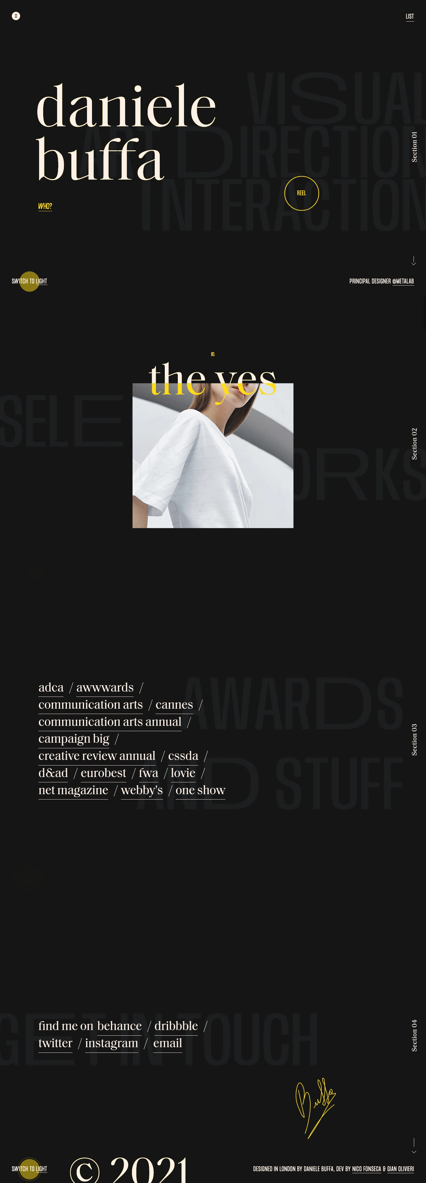 Daniele Buffa Landing Page Example: Interaction & Visual Designer based in London / Working @ Metalab / Jury @ Awwwards