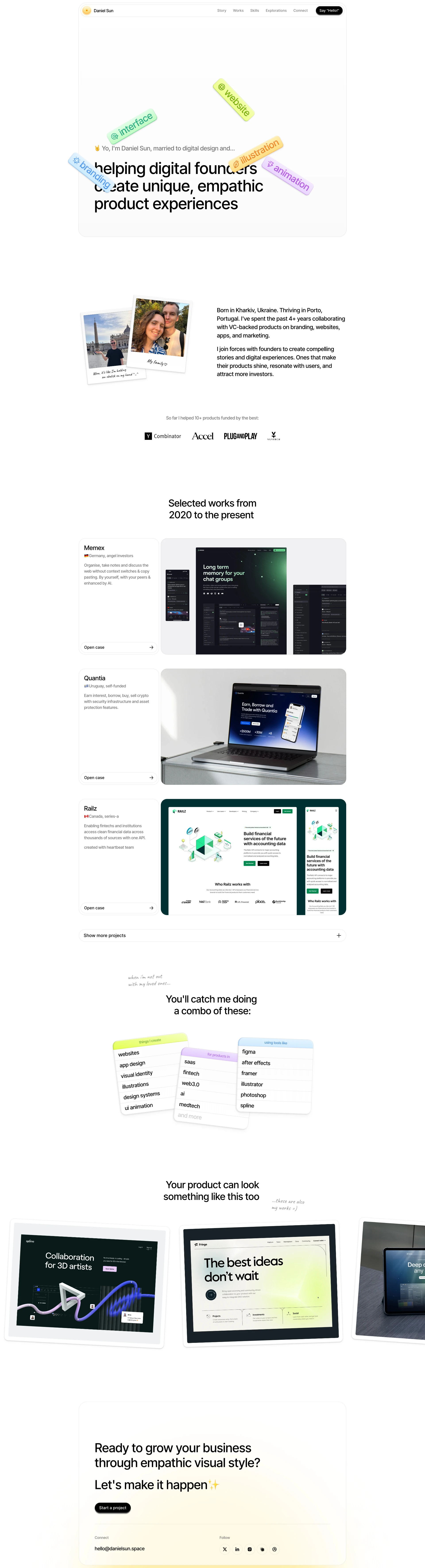 Daniel Sun Landing Page Example: Yo, I'm Daniel Sun, married to digital design and... helping digital founders create unique, empathic product experiences