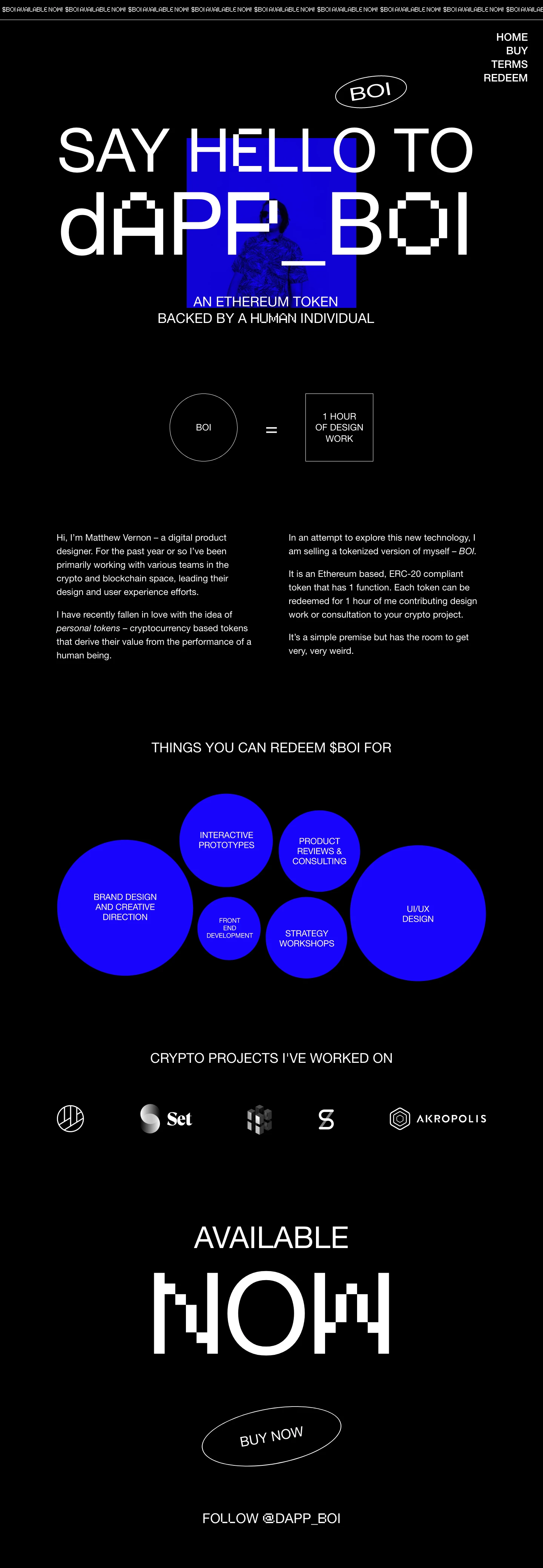 DAPP BOI Landing Page Example: An experiment in personal cryptocurrency tokens. Redeem 1.0 BOI for 1.0 hour of design work.