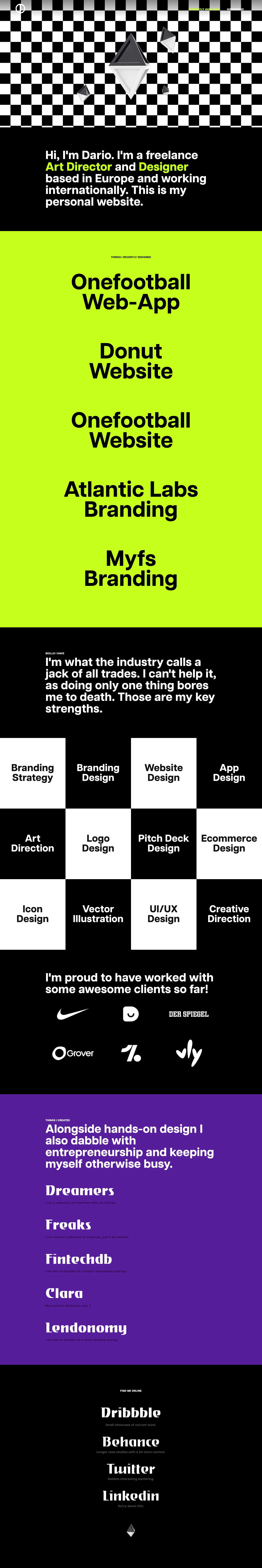 Dario Landing Page Example: Hi, I'm Dario. I'm a freelance Art Director and Designer based in Europe and working internationally.