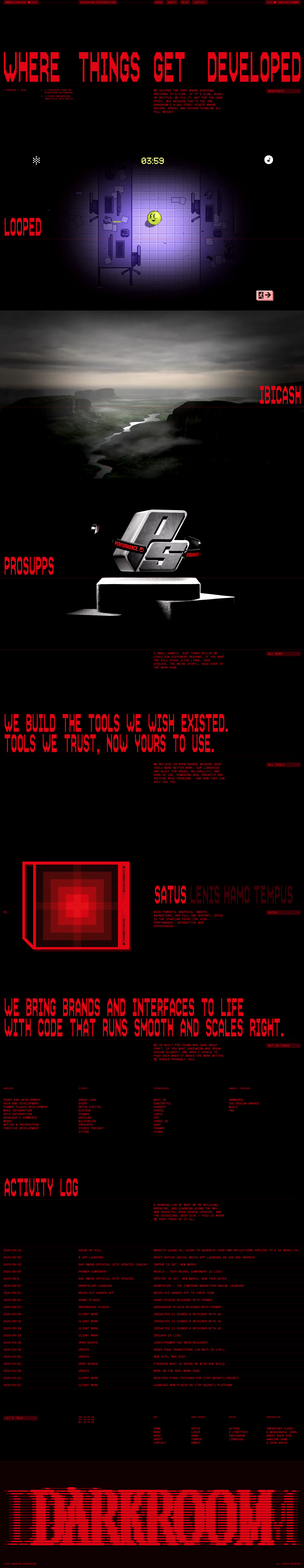 darkroom.engineering Landing Page Example: We're a global design and development studio shipping fast, motion-rich, and scalable digital work. WebGL, headless builds, and open source tools—crafted by a team distributed across Spain, Italy, France, Argentina, and the US.