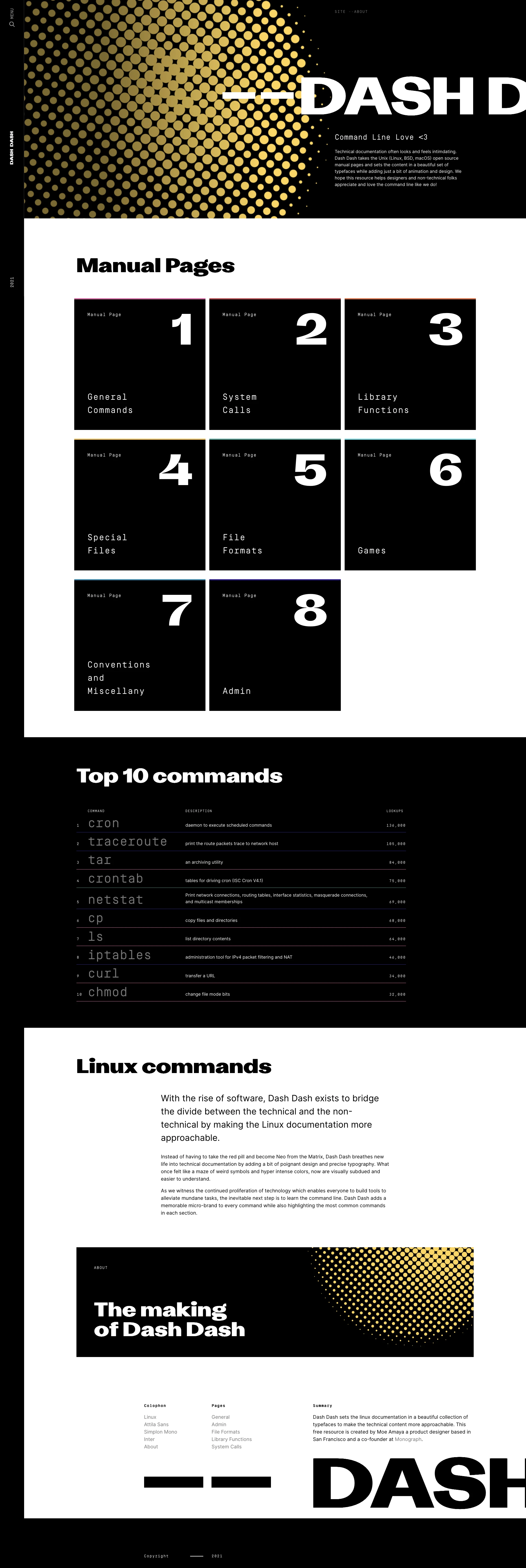 Dash Dash Landing Page Example: Dash Dash sets the linux documentation in a beautiful collection of typefaces to make the technical content more approachable.