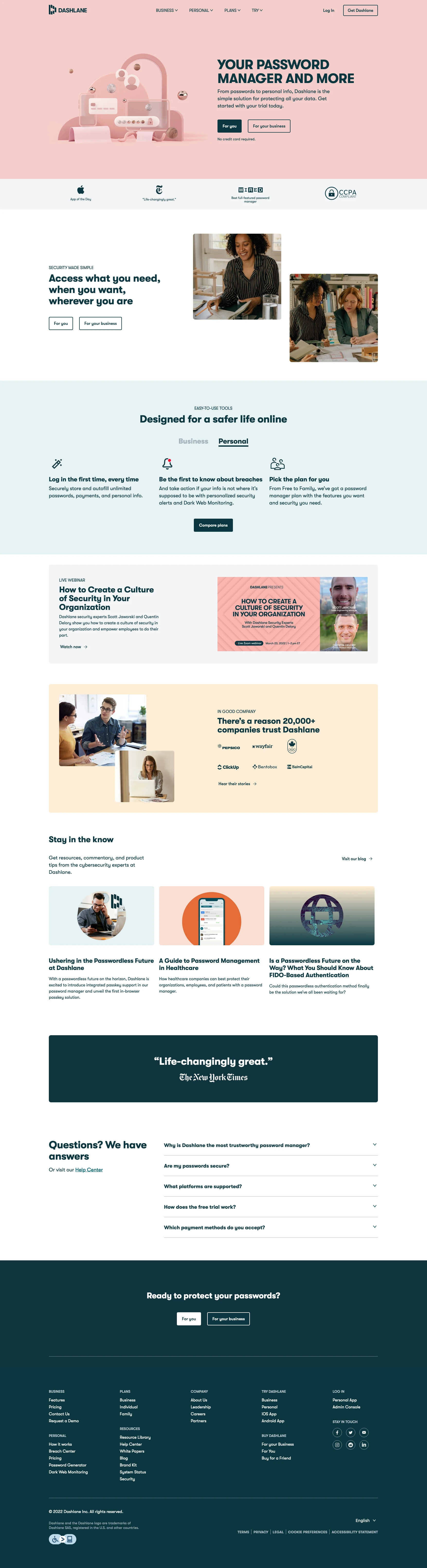Dashlane Landing Page Example: Your Password Manager and More. From passwords to personal info, Dashlane is the simple solution for protecting all your data.