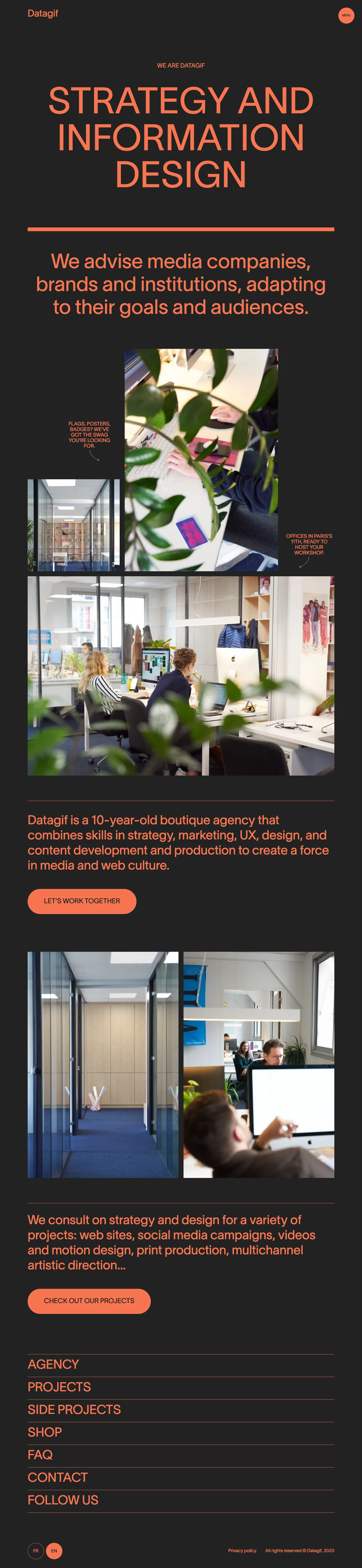 Datagif Landing Page Example: Strategy and information design. We advise media companies, brands and institutions, adapting to their goals and audiences.