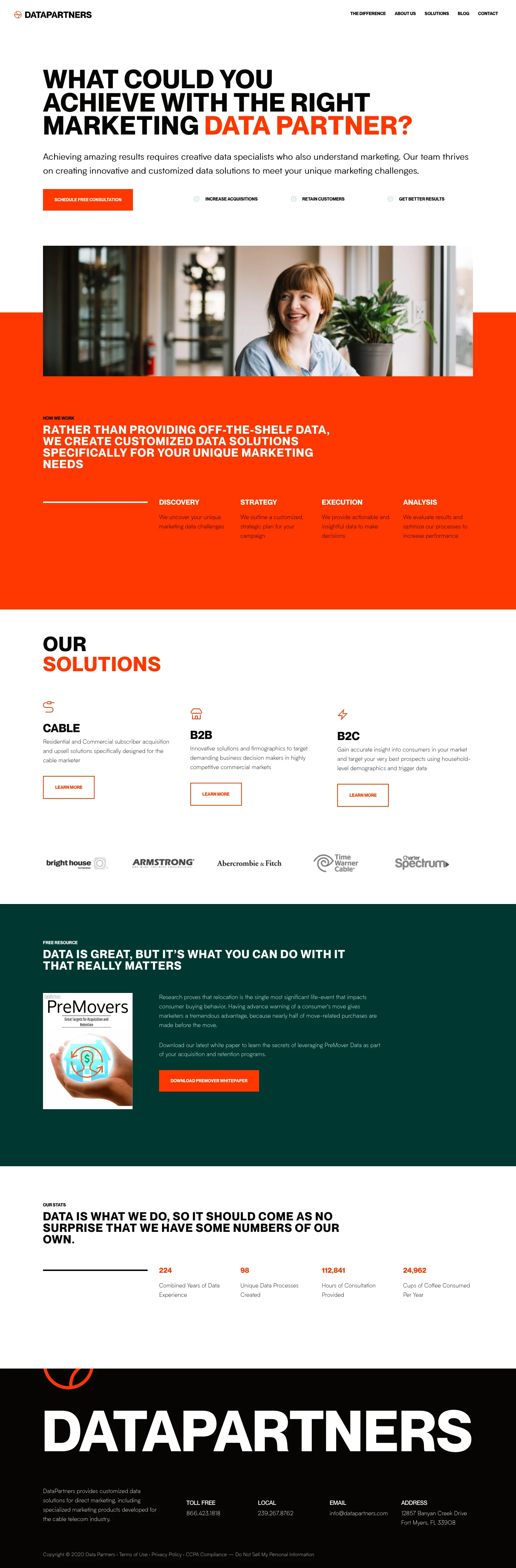 Data Partners Landing Page Example: DataPartners provides direct marketing data solutions to Fortune 1000 companies in multiple industries across the U.S. with a special focus on cable marketing.