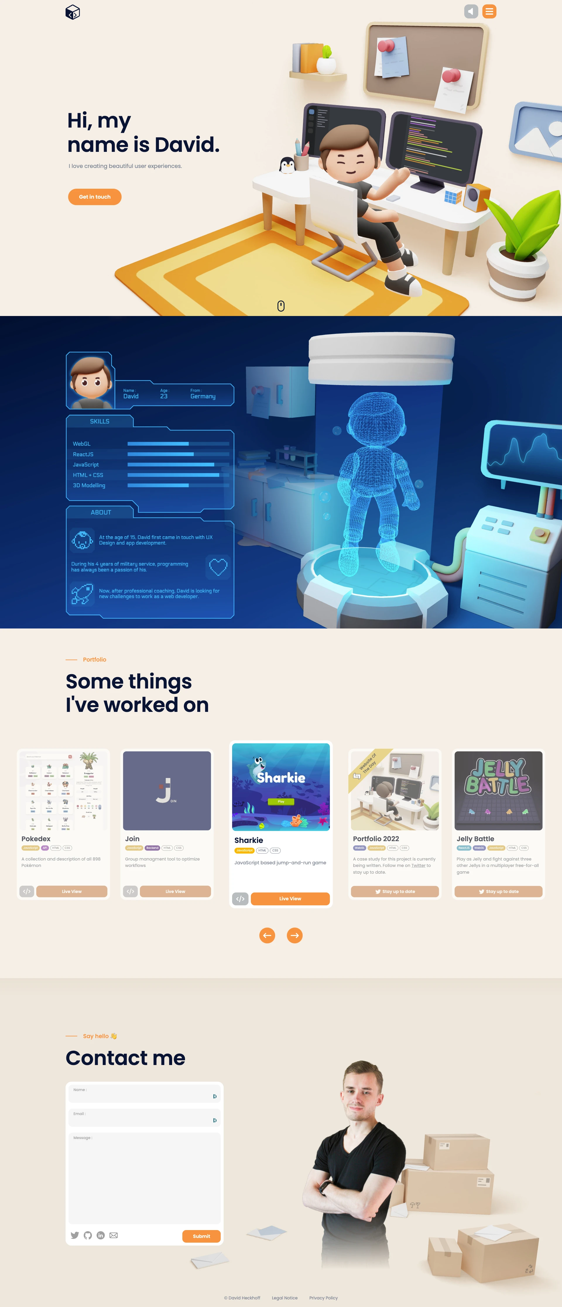 David Heckhoff Landing Page Example: Portfolio of David Heckhoff - Creative developer living in Germany - Focused on WebGL and ReactJS.