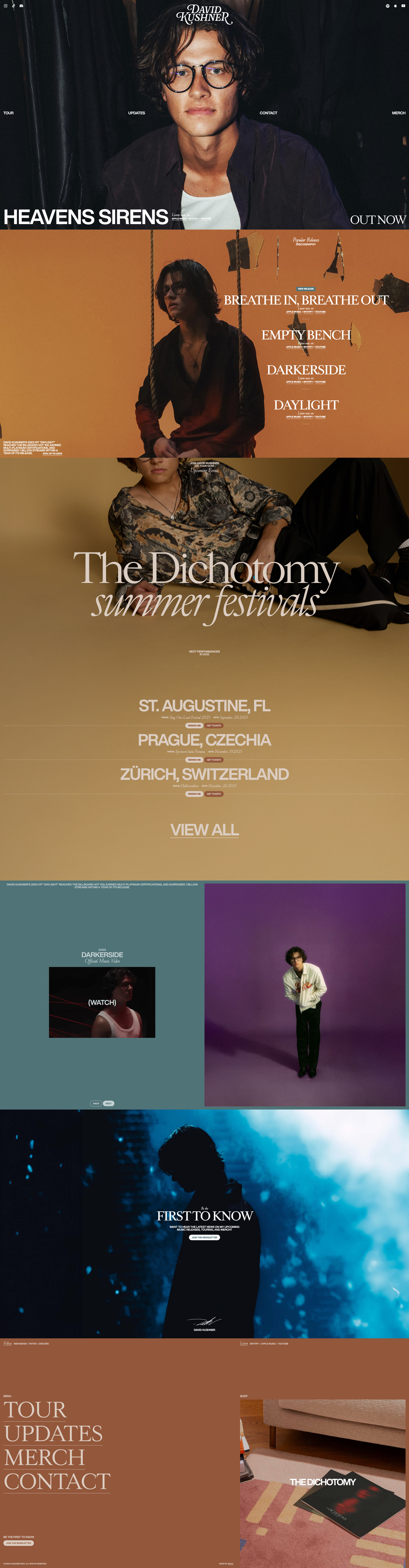 David Kushner Landing Page Example: Heavens Sirens is out now. The latest music news and updates from David Kushner Music.