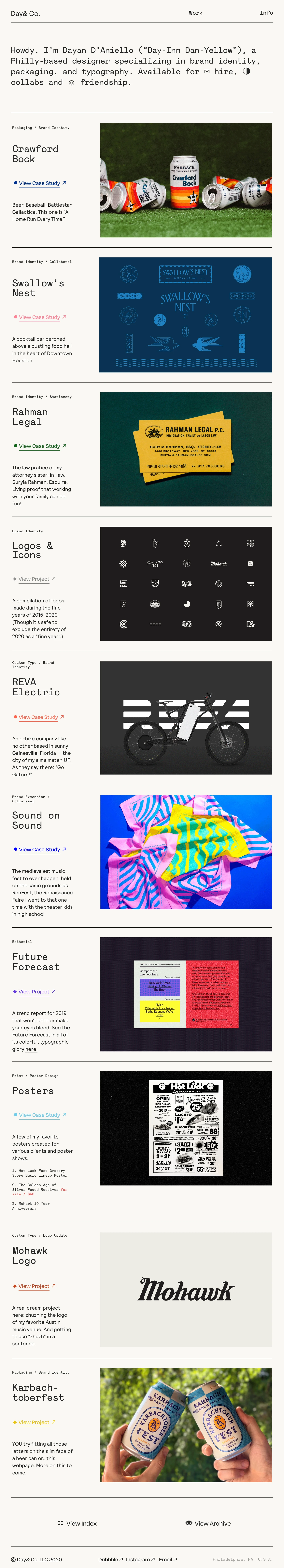 Day& Co. Landing Page Example: Day& Co. is the design studio of Dayan D’Aniello (”Day-Inn Dan-Yellow”) a Philly-based graphic designer specializing in brand identity, packaging, and typography.