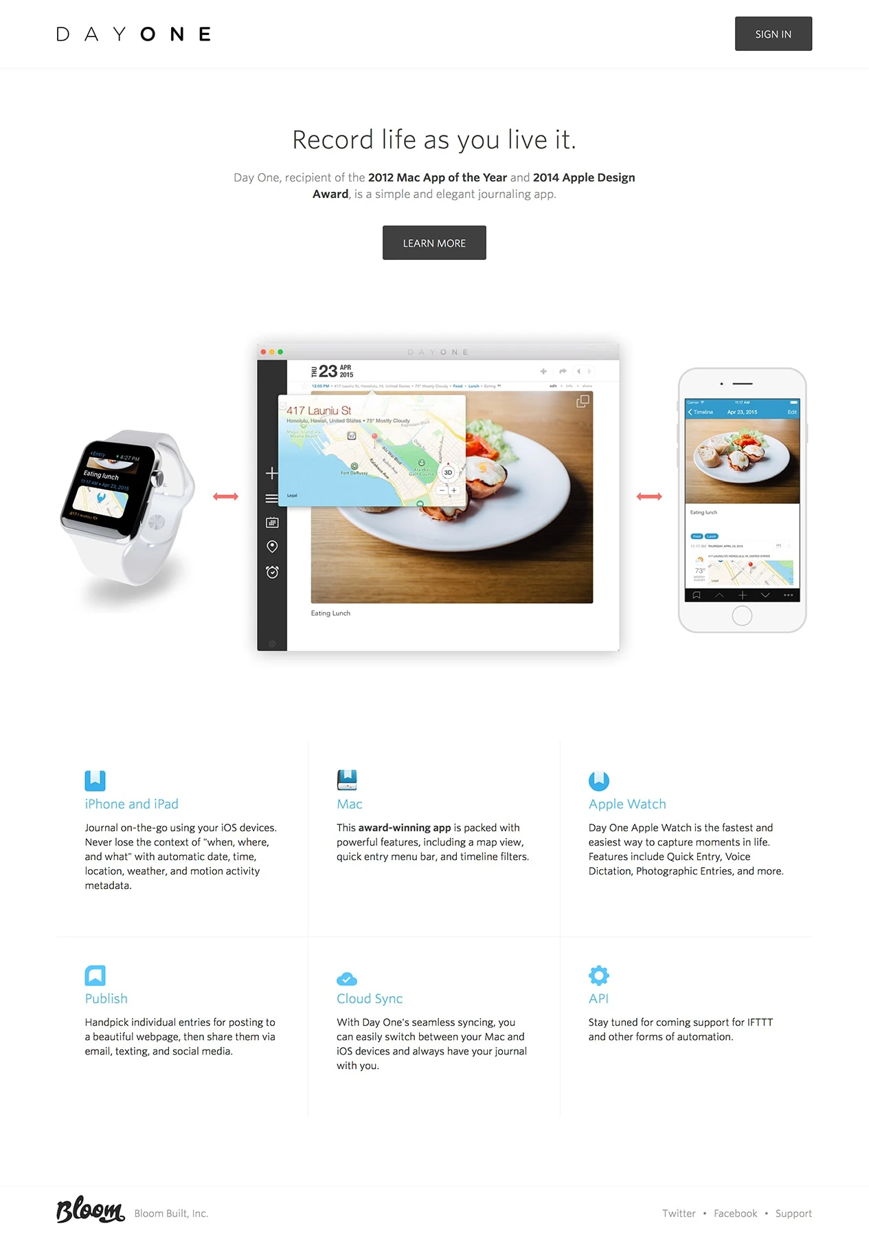Day One Landing Page Example: Day One is a simple and elegant journaling app for Mac, iOS, and Apple Watch.