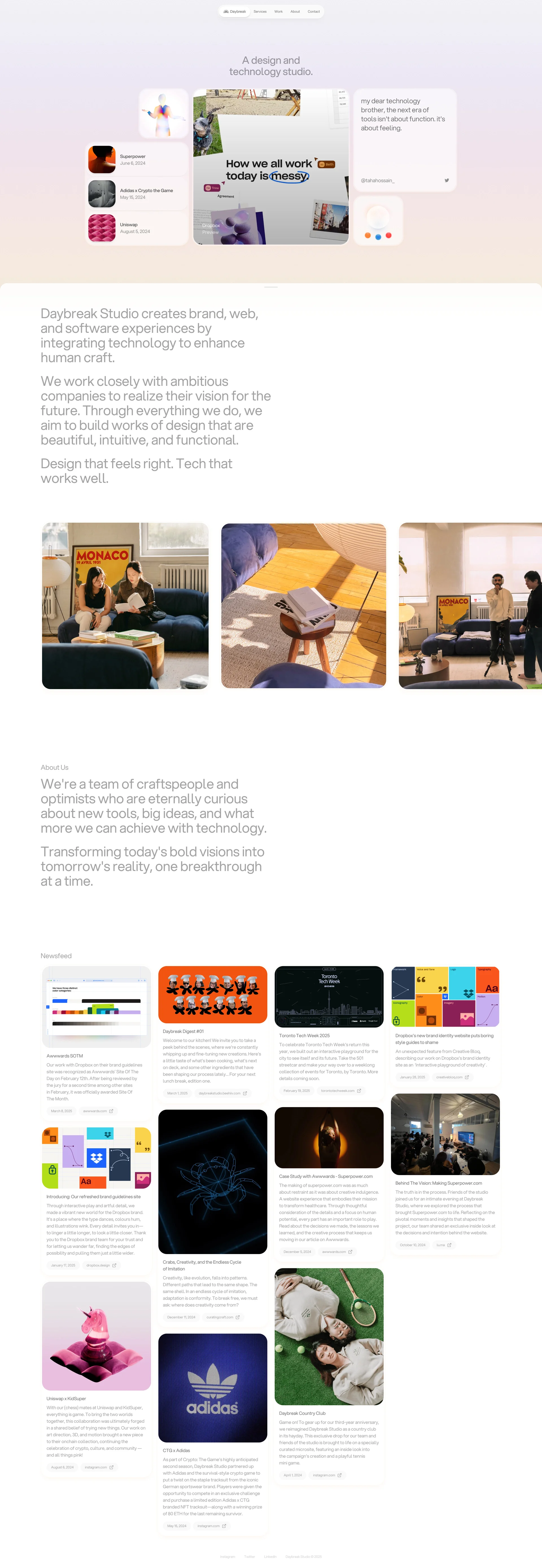 Daybreak Studio Landing Page Example: A design and technology studio. We shape ambitious brands & digital products at every stage of evolution.