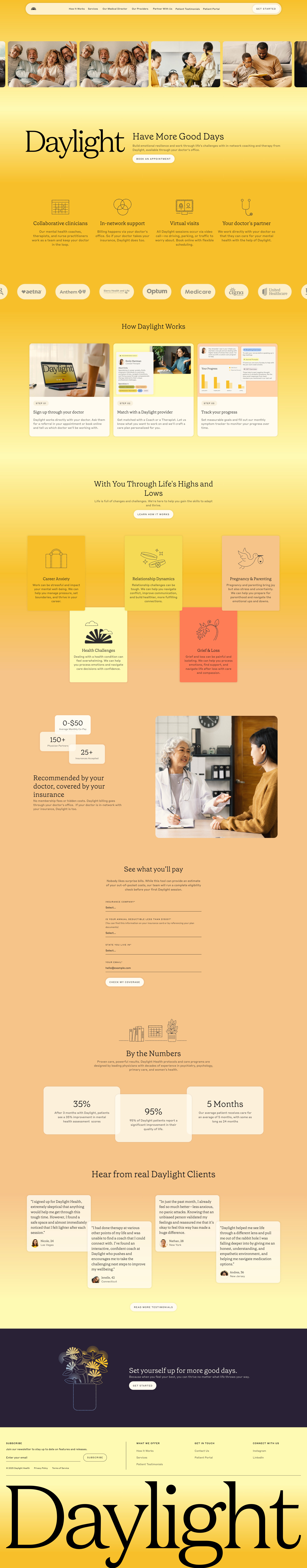 Daylight Health Landing Page Example: Build emotional resilience and work through life’s challenges with in-network coaching and therapy from Daylight, available through your doctor's office.