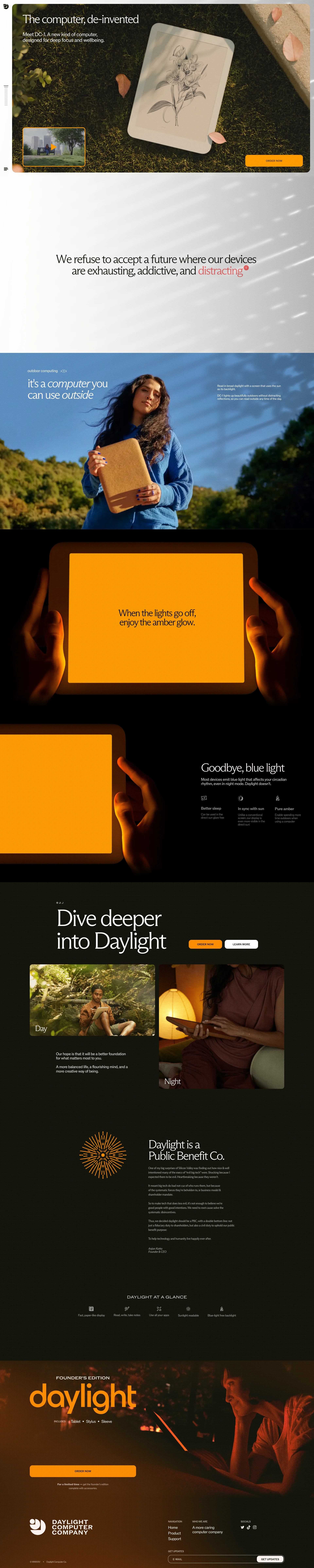Daylight Computer Landing Page Example: Daylight Computer (DC1) is a new kind of calm computer, designed for deep work and health.