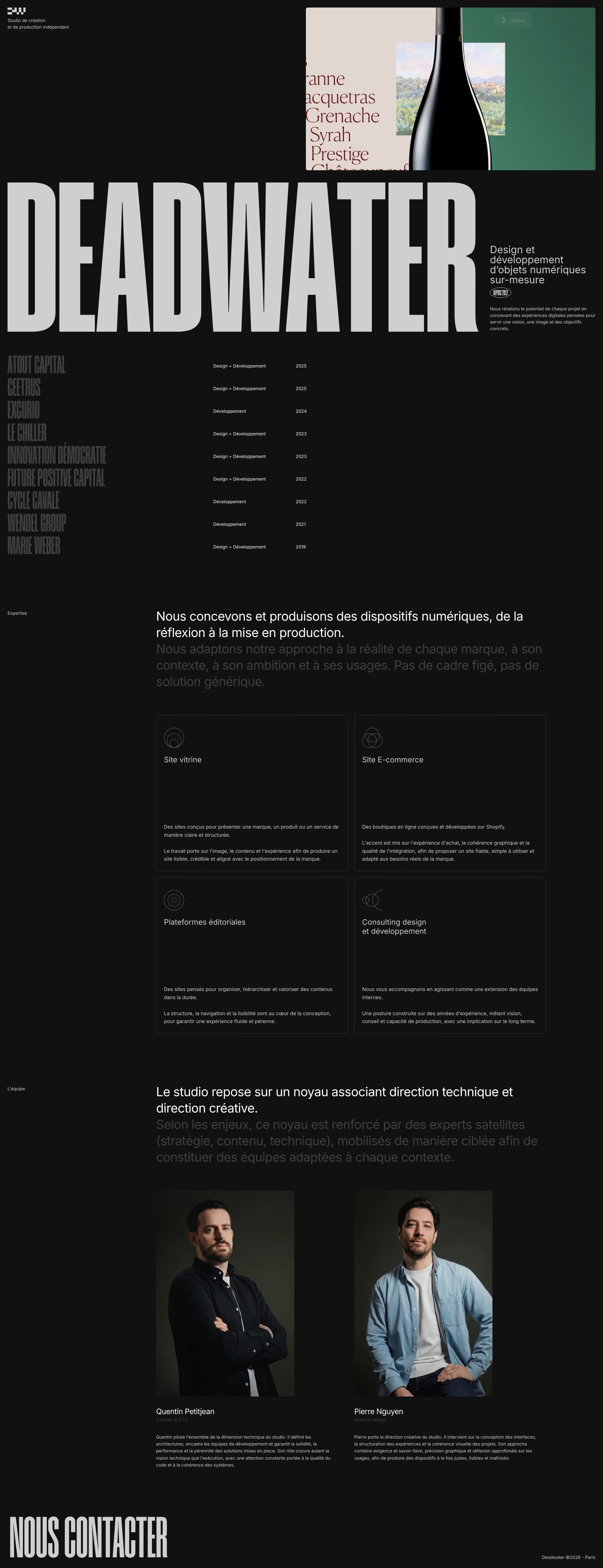 Deadwater Landing Page Example: DEADWATER is a creative digital studio specializing in immersive websites, interactive experiences, and innovative digital storytelling that blends design, motion, and technology.