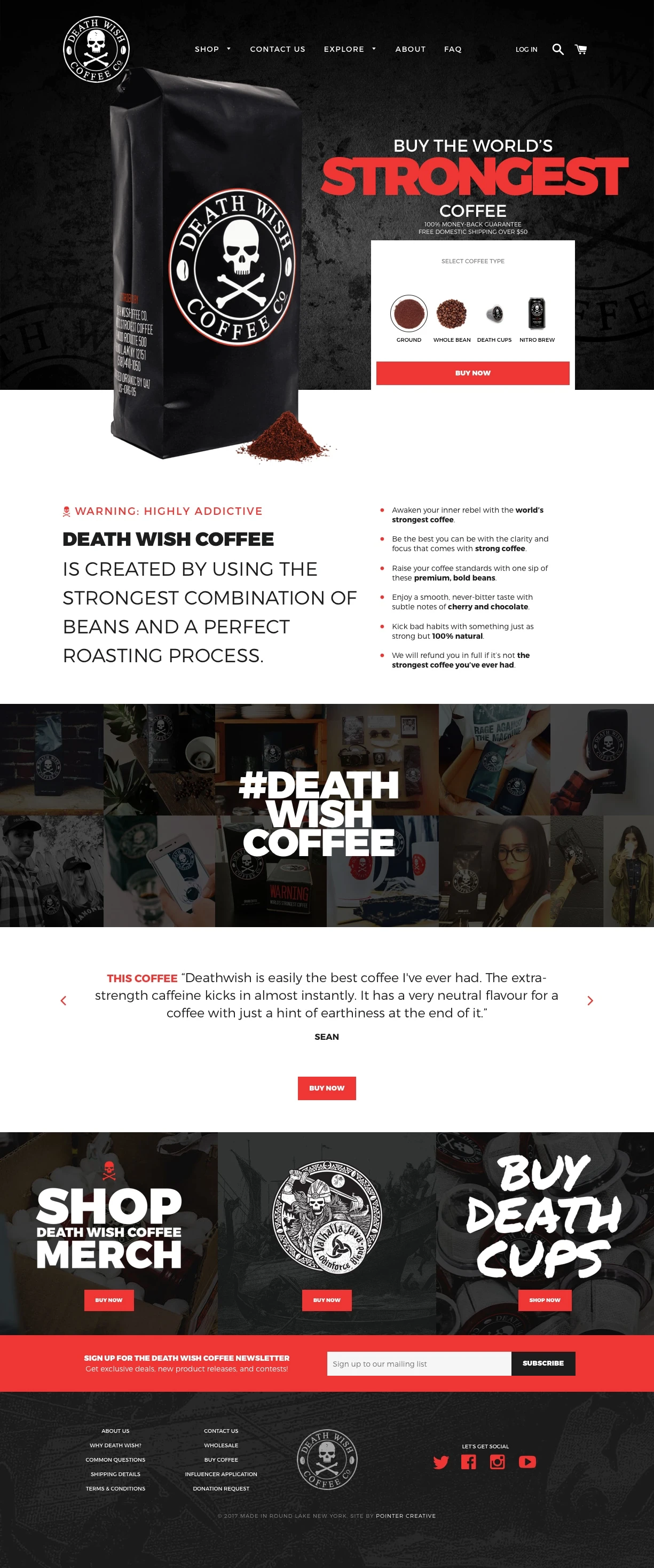 Death Wish Coffee Landing Page Example: Death Wish Coffee Company is the top online coffee-seller of fair-trade, organic, high-caffeine blends, and we have the world's strongest coffee!
