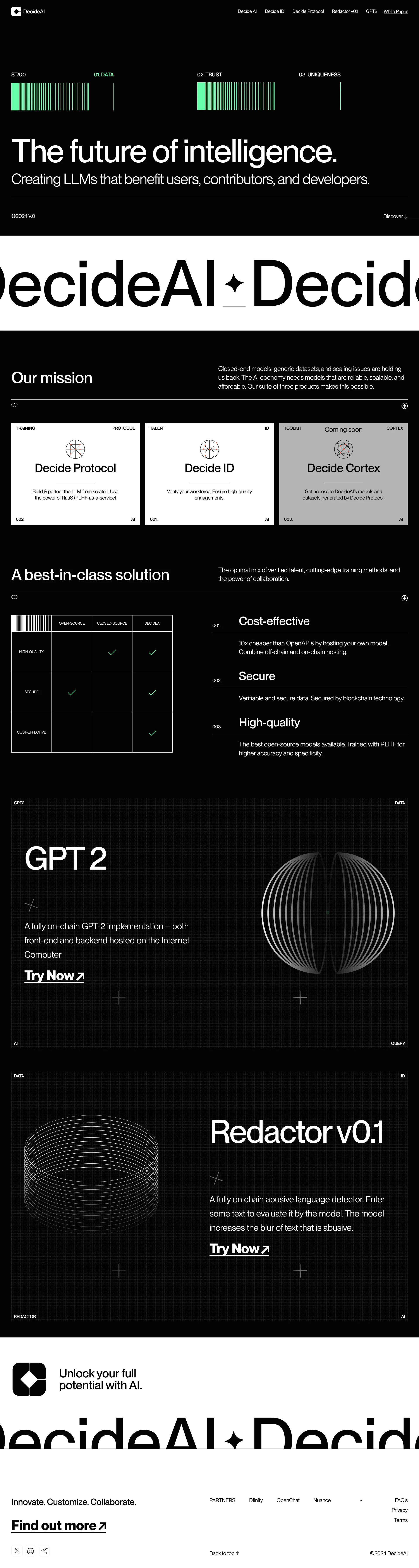 Decide AI Landing Page Example: The future of intelligence. Creating LLMs that benefit users, contributors, and developers.