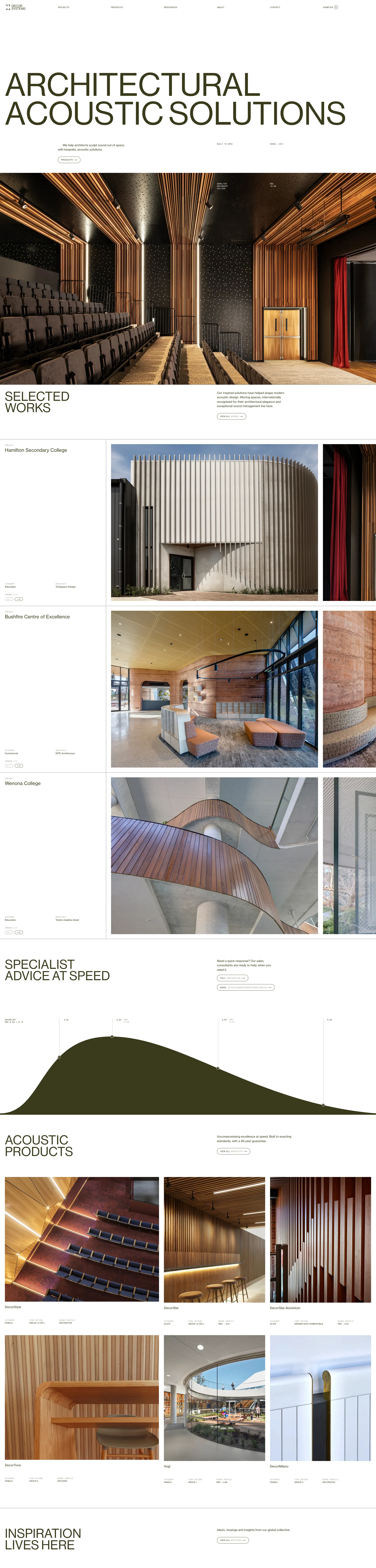 Decor Systems Landing Page Example: We help architects sculpt sound out of space, with bespoke, acoustic solutions. Built to exacting standards, with a 99 year guarantee.