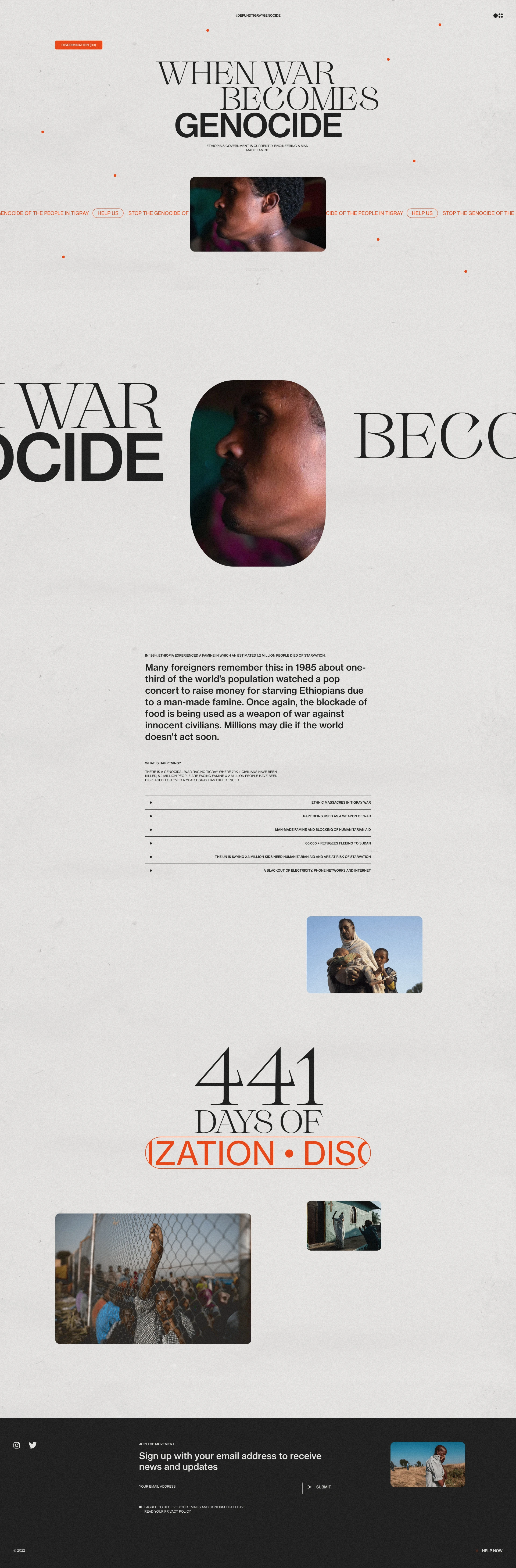 Defund Tigray Genocide Landing Page Example: There is a civil war happening in northern Ethiopia, with the government targeting the Tigray region.